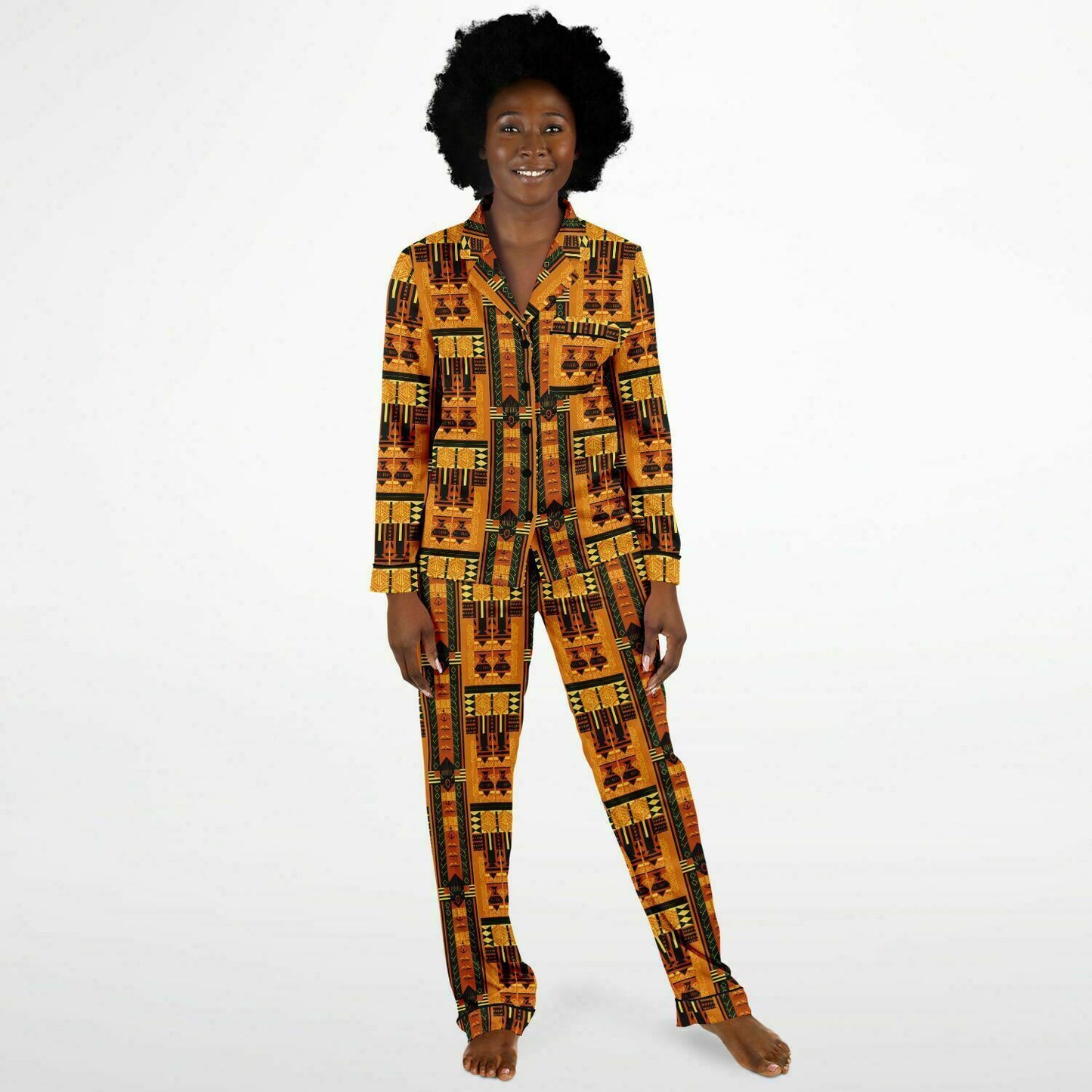 Golden Brown Afrofuturism African Print Women's Satin Pajama Set, Plus Size Luxury Nightwear