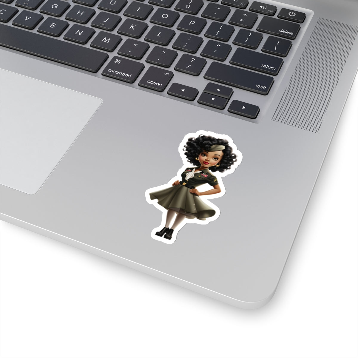 Animated Black Woman Military Pin-Up Sticker, Black Woman Pin Up Style Art Decal