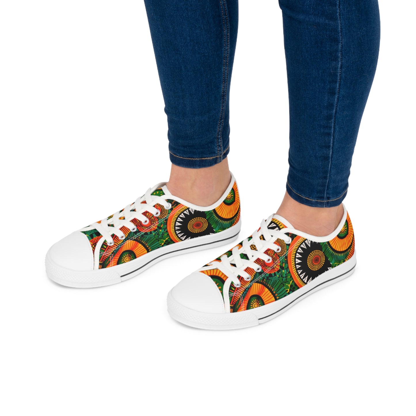 Orange, Green Yellow Africa Ankara Print Women's Low Top Sneakers, Black & Red Geometric Pattern Canvas Shoes, Comfortable Tribal Print