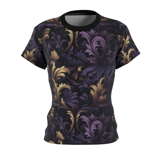 Midnight Baroque Print Elegance Women's T-Shirt, Purple and Gold Palm Leaves Women's Apparel