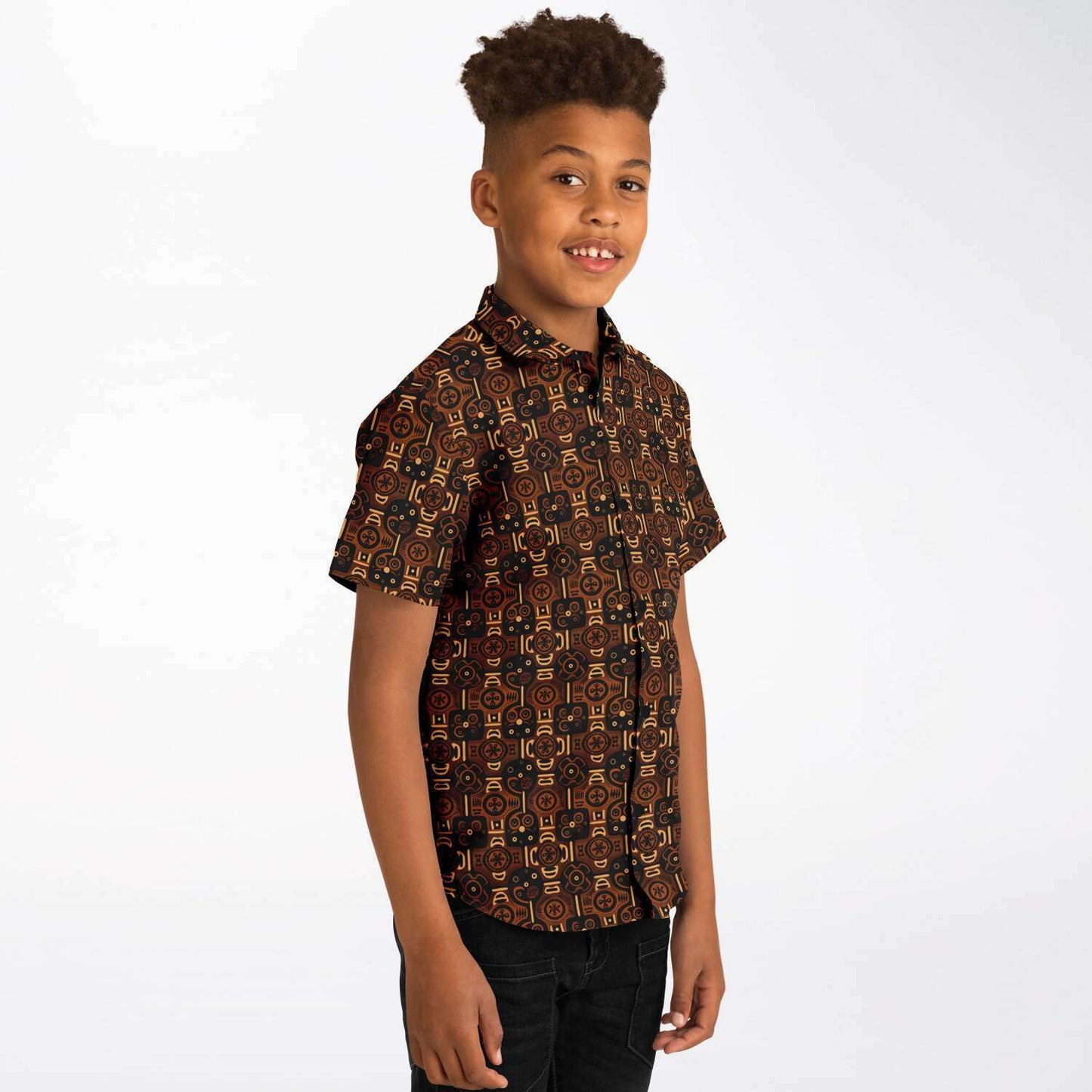 Brown African Wax Print Boys Button Down Shirt | Youth Ethnic Print Dressy Shirt