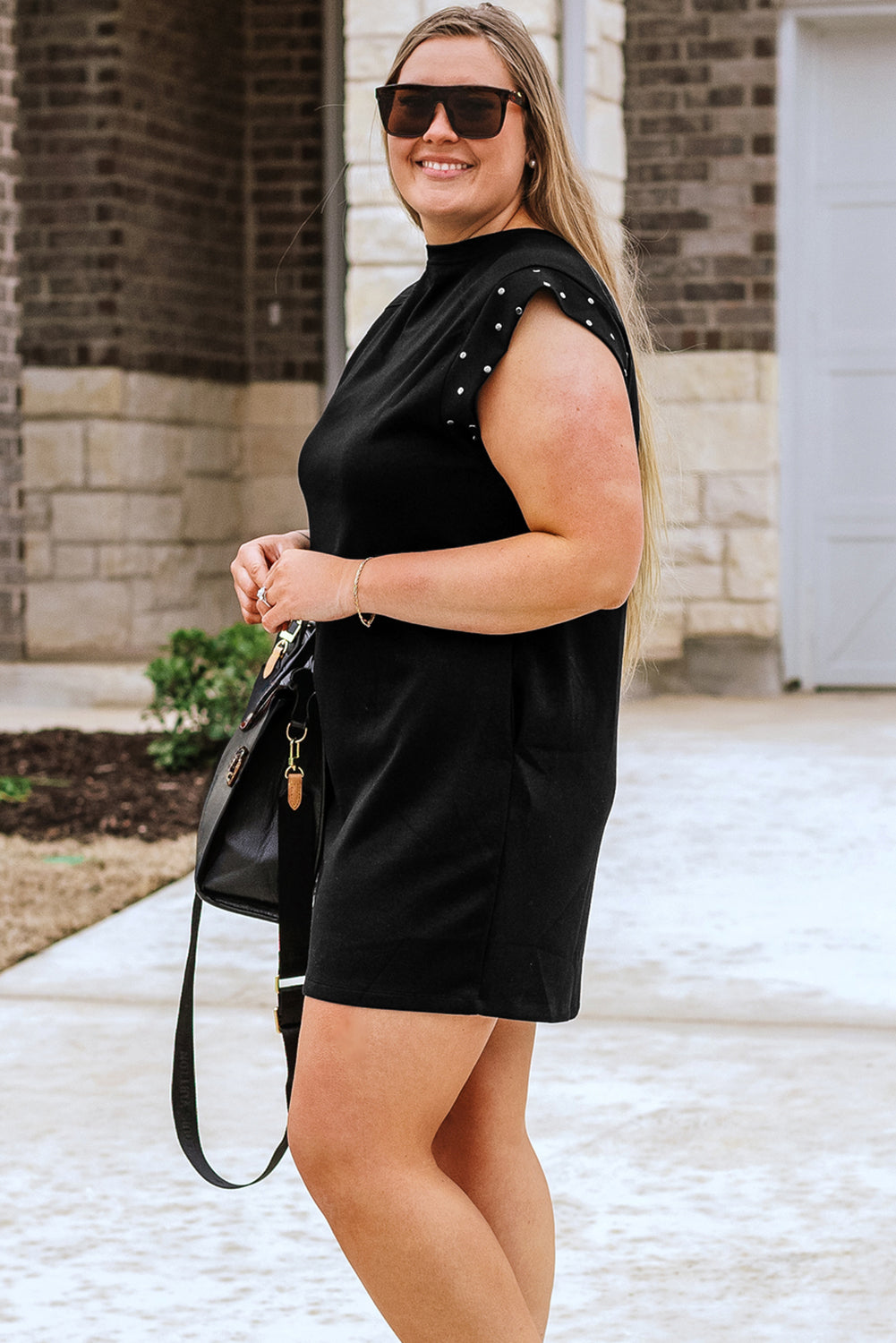 Chic Black Studded Plus Size T-Shirt Dress with Cap Sleeves