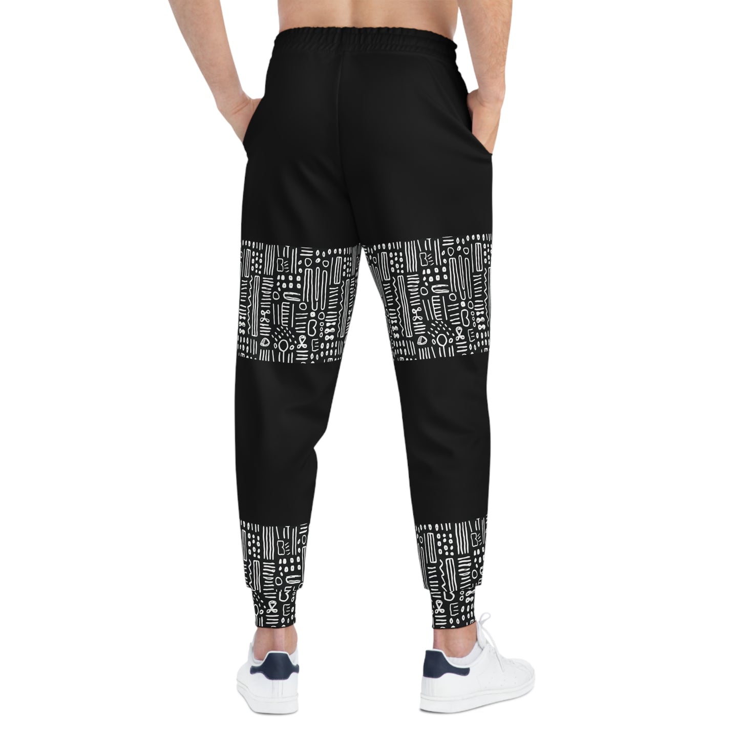 Mud Cloth Print Unisex Joggers, Black & White Color Block African Print Bottoms