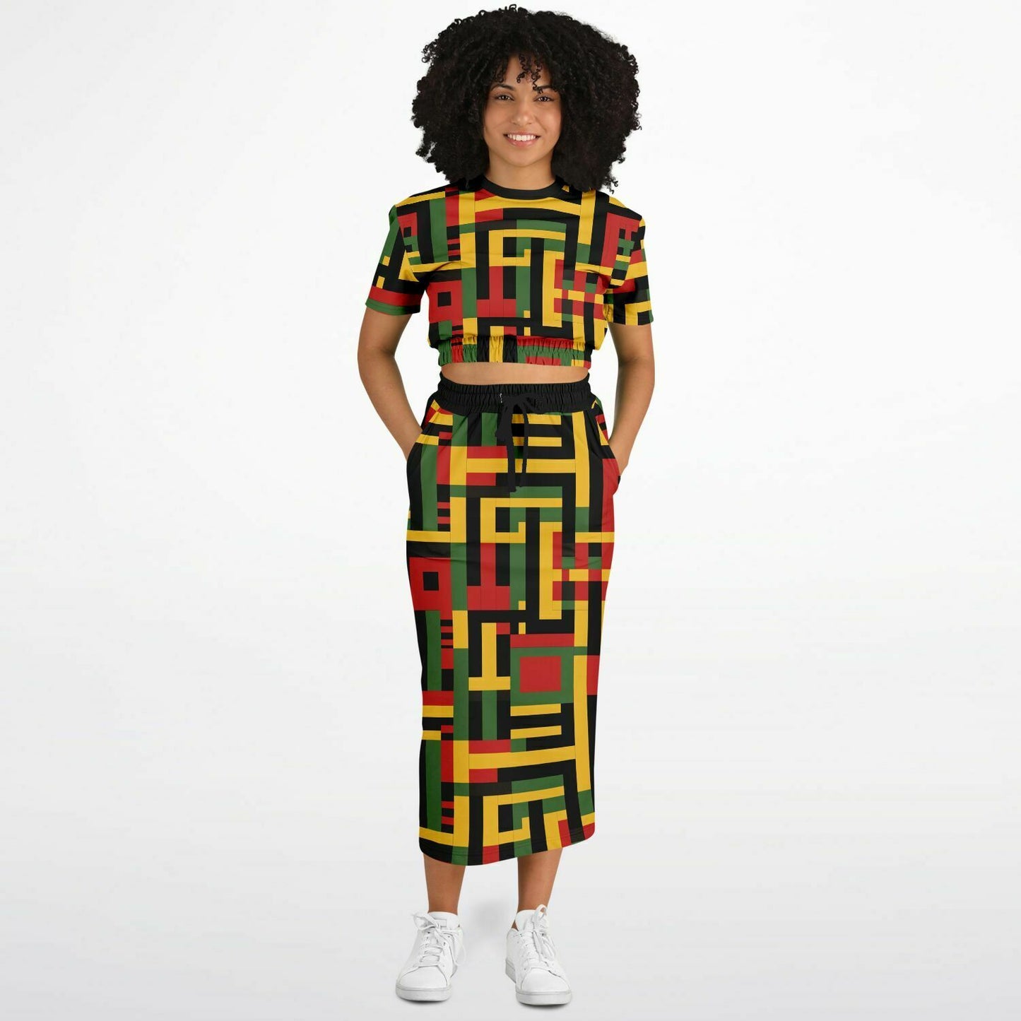 African Kente Cloth Women's Cropped Sweatshirt & Long Skirt Set, Ethnic Print Fashion