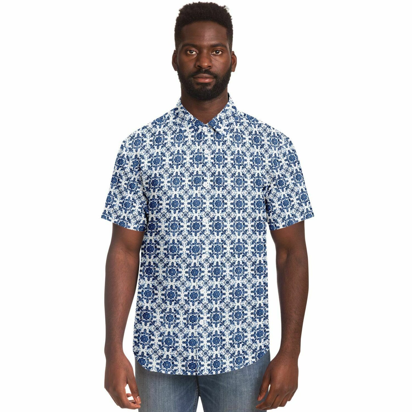 Blue Floral Pattern Short Sleeve Button Down Shirt, Men's Navy and White Print Dress Shirt