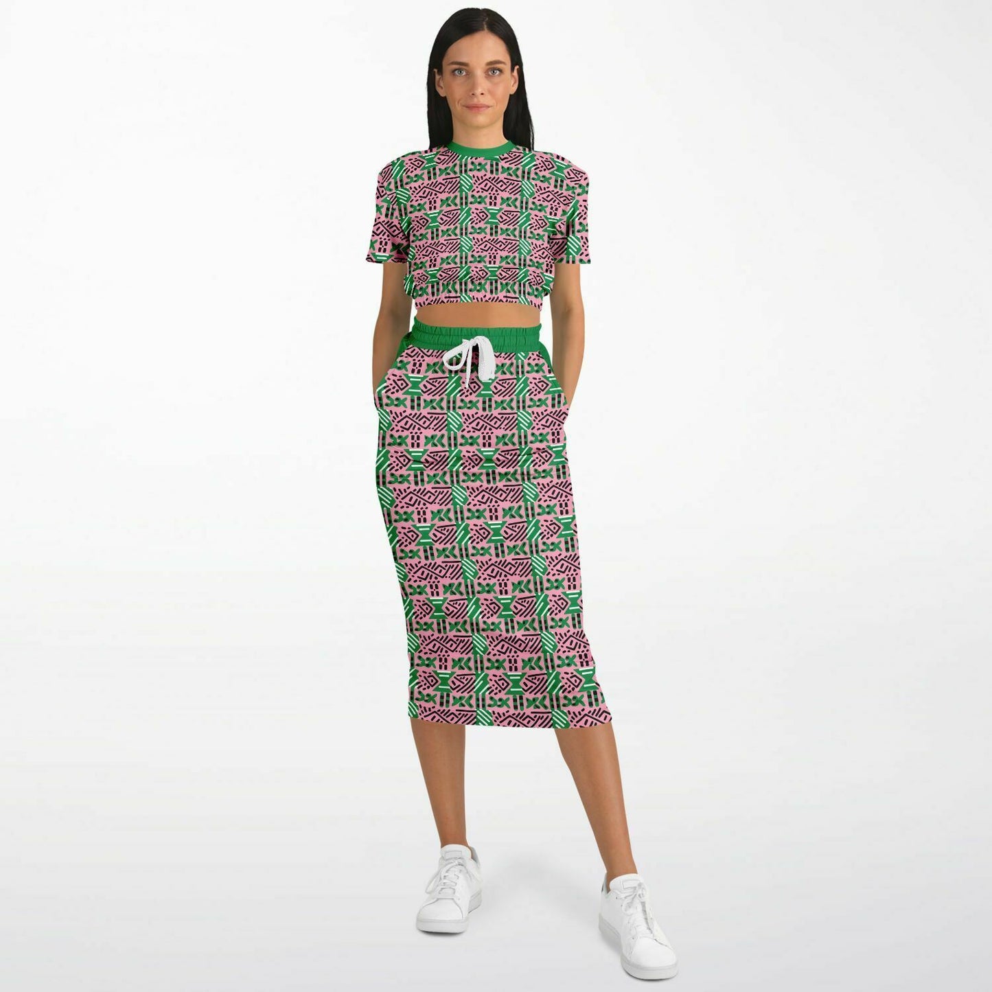 AKA Pink & Green Sorority Mud Cloth Print Skirt Set , Versatile Women's African Inspired Fashion