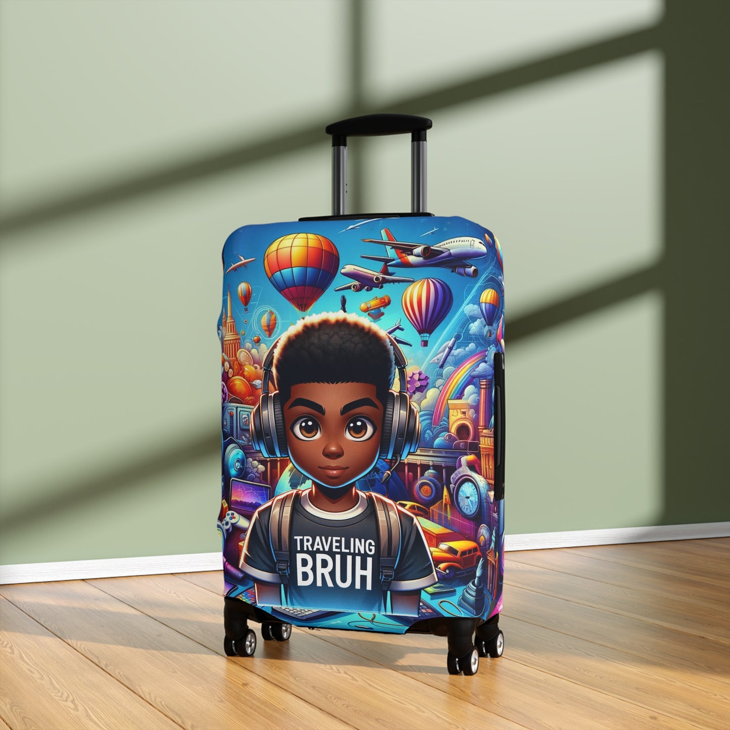 Traveling Bruh Moment Luggage Cover, Black Boy Joy Suitcase Protector