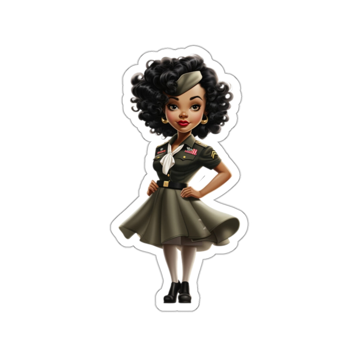 Animated Black Woman Military Pin-Up Sticker, Black Woman Pin Up Style Art Decal