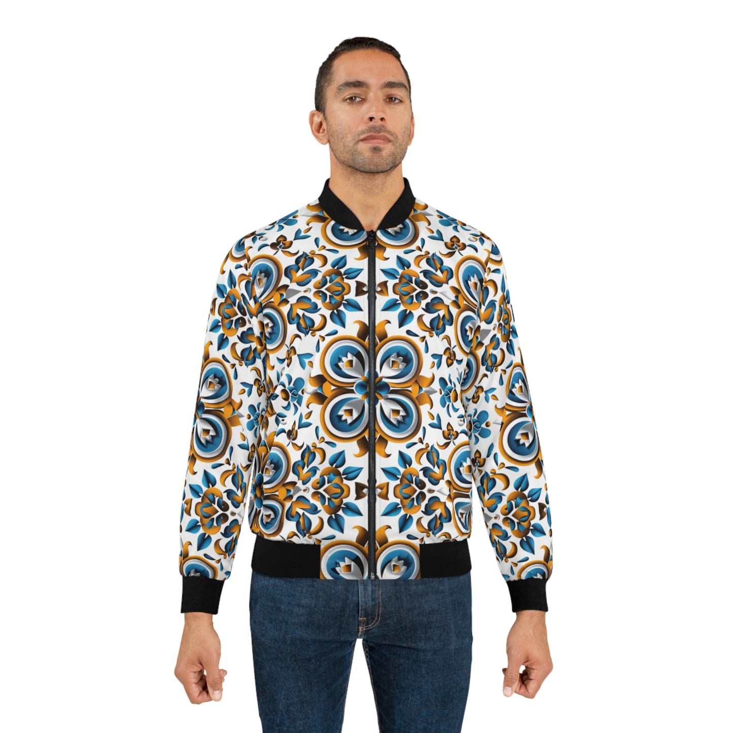 Men's African Print Bomber Jacket, Blue & Yellow Floral Pattern, Vibrant Cultural Style