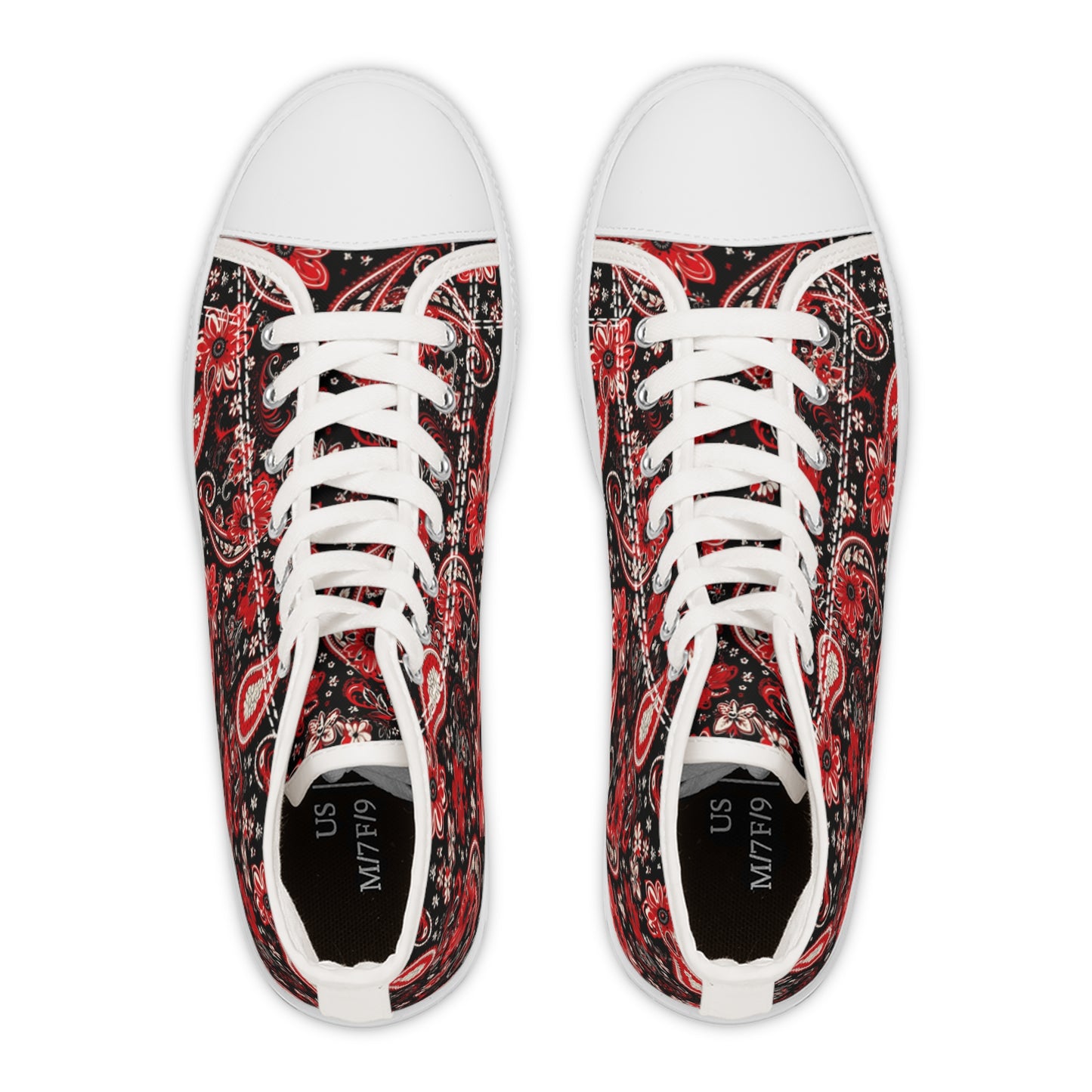 Black & Red Paisley Print Women's High Top Sneakers, Stylish Paisley Pattern Sneakers, Trendy Black and Red Bandana Print Shoes