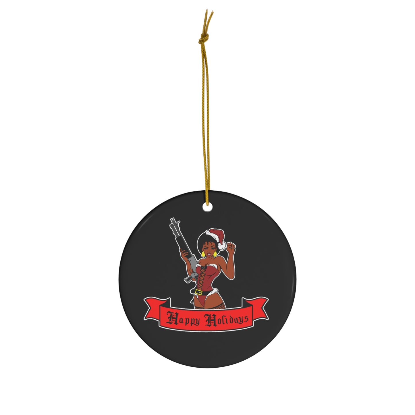 Armed Black Mrs Claus Holiday Christmas Tree Ornament,  Black Mrs Claus Holiday Decor