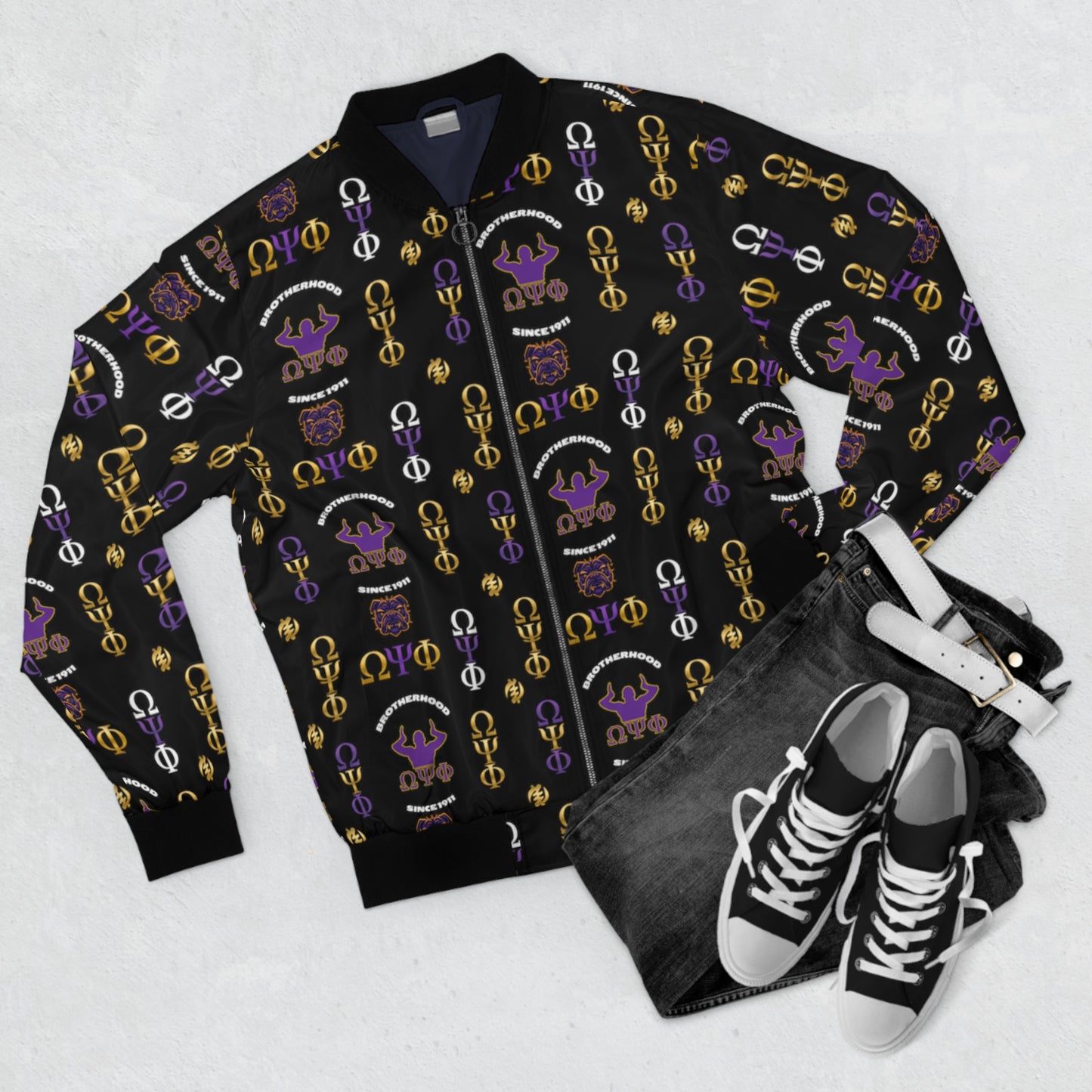 Men's Omega Psi Phi Bomber Jacket - Black, Purple, Gold - All-Over Print Fraternity Jacket