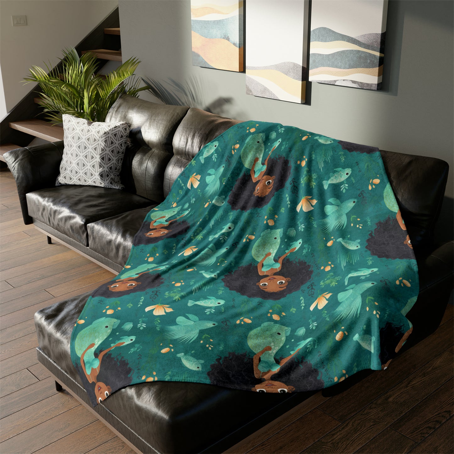 Black Mermaid Pattern Print Throw Cover, Mermaid Girls Throw Cover