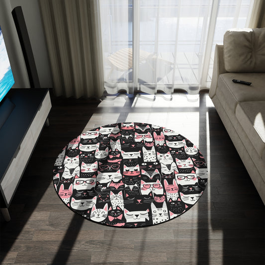 Whimsical Cat Faces Round Rug,  Playful Black, White, and Pink Design , 60" Chenille Decorative Rug