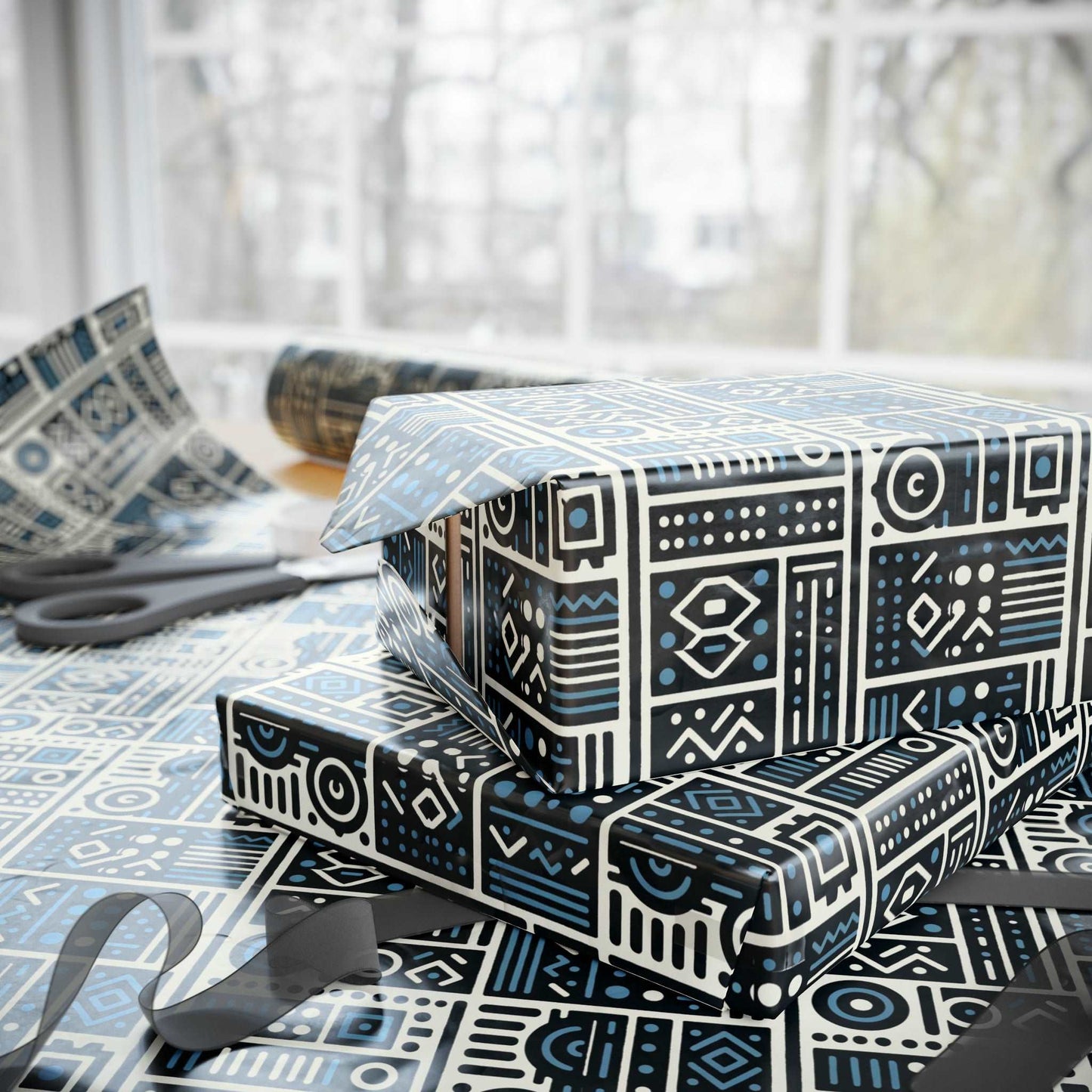 African Mud Cloth Blue, White & Black Wrapping Paper,  African Bogolan Gift Wrap