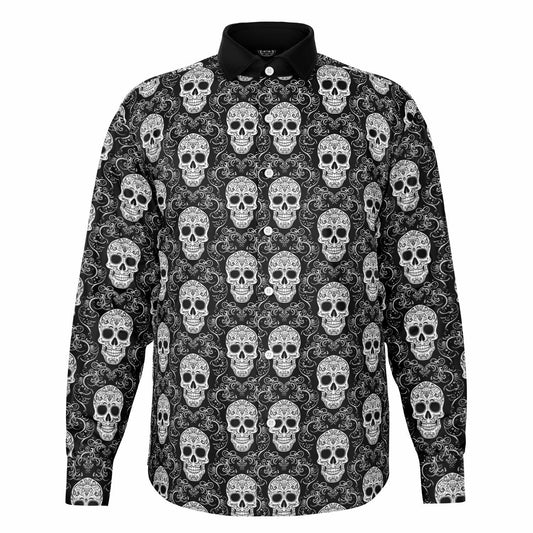 Skull Pattern Long Sleeve Button Down Shirt, Gothic Style, 100% Polyester Poplin, Versatile Men’s Shirt for Casual and Formal Events