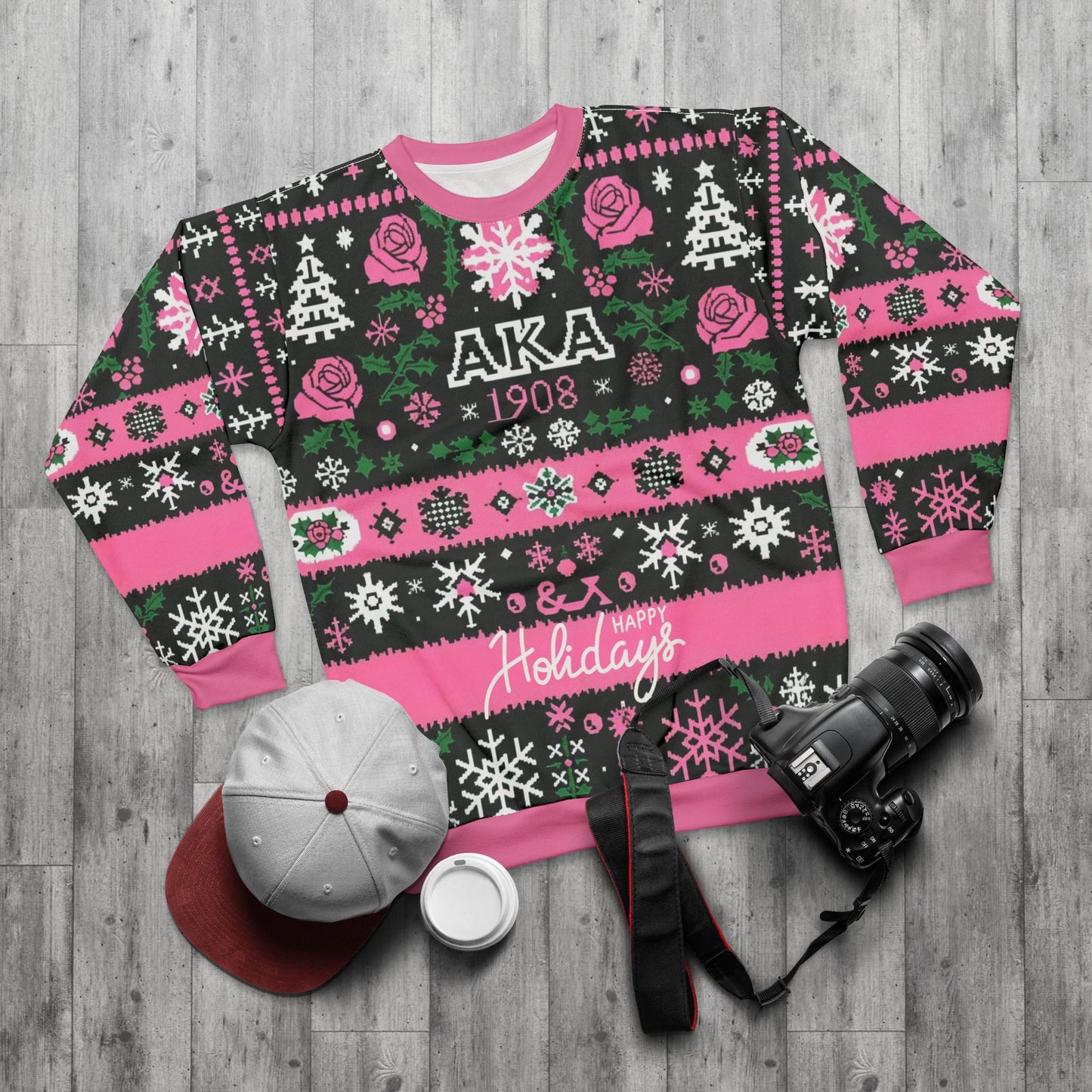 AKA Sorority Celebration Holiday Ugly Sweatshirt All Over Print, Festive Pink and Green