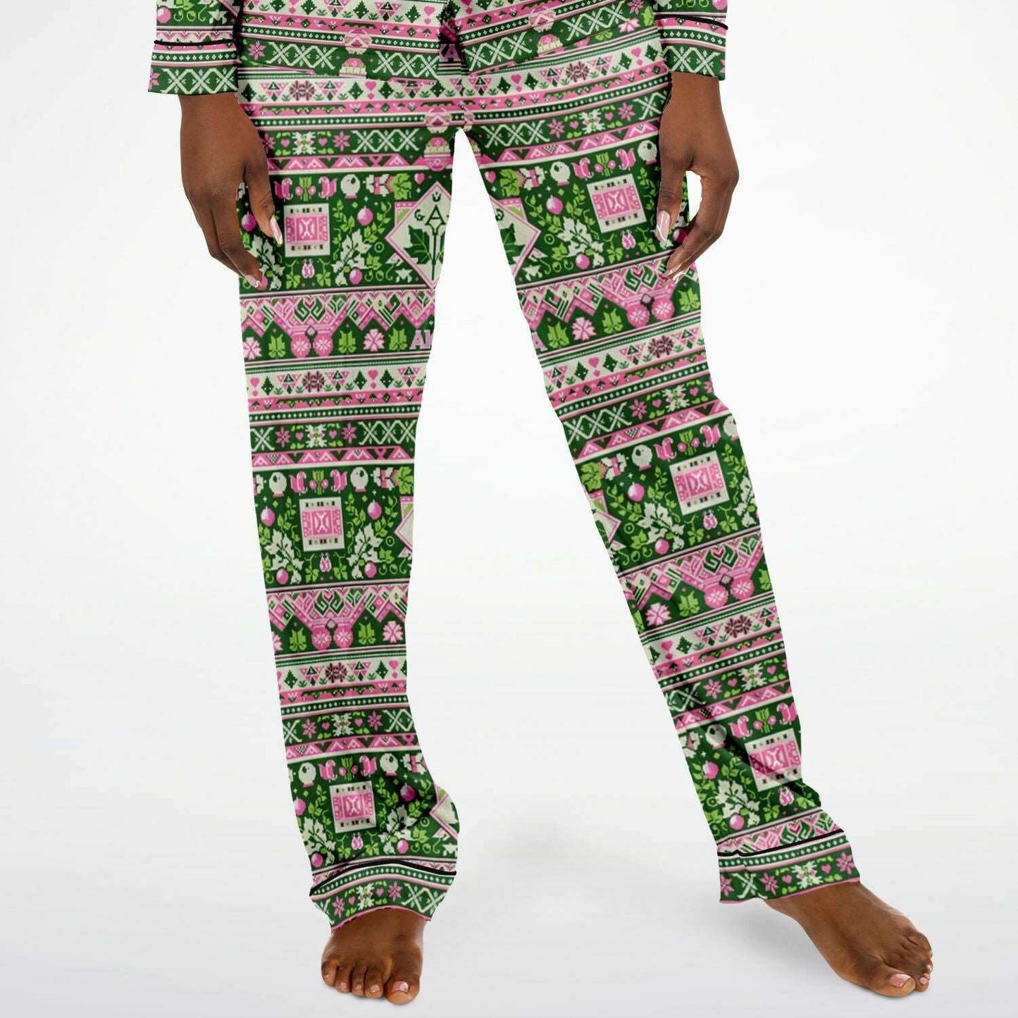 AKA Sorority Pink and Green Women's Satin Pajamas, AKA Themed Women's Holiday Themed 2 Piece Pajamas