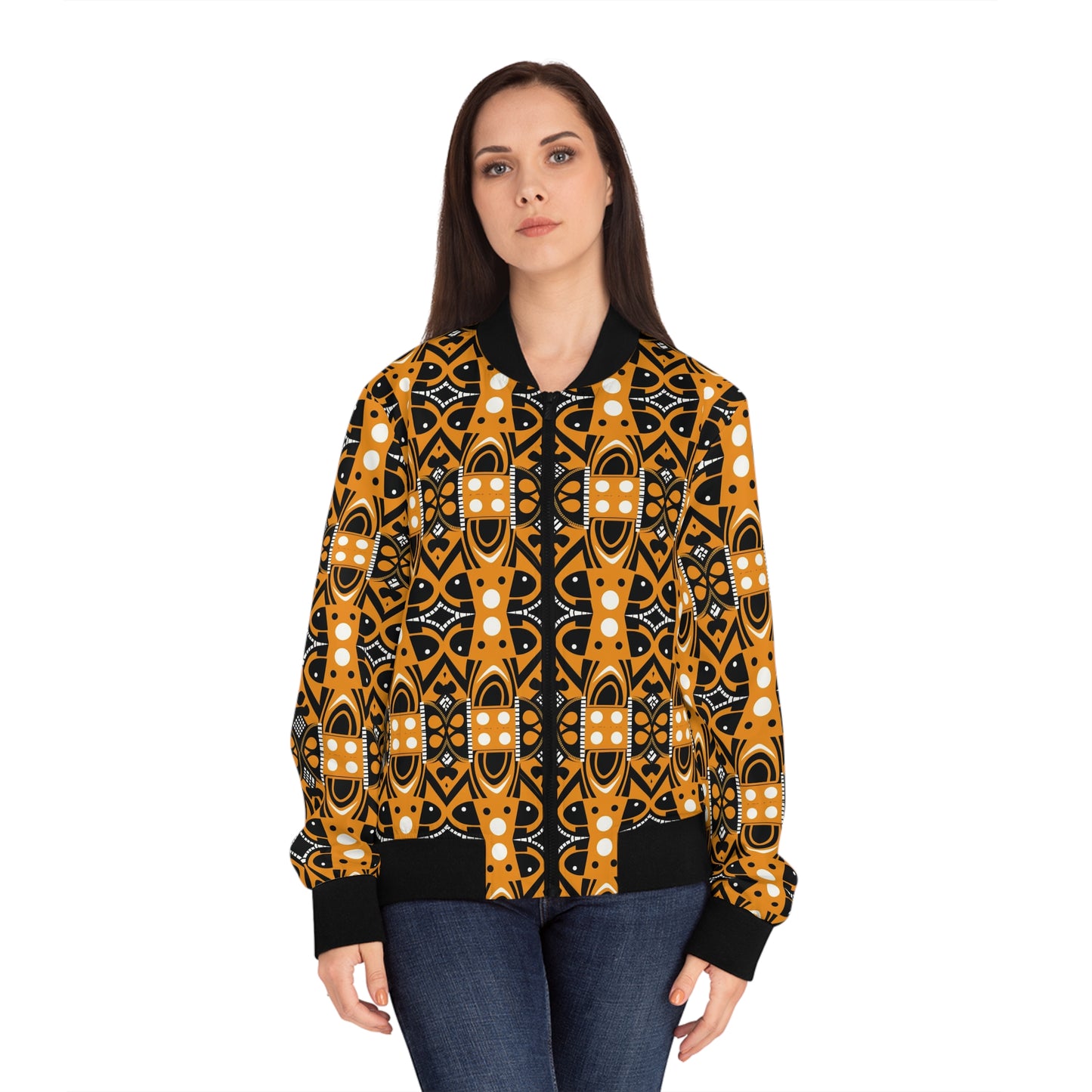 Black Orange White African Print Women's Bomber Jacket, Women's African Vibe All Over Print Fall Winter Fashion