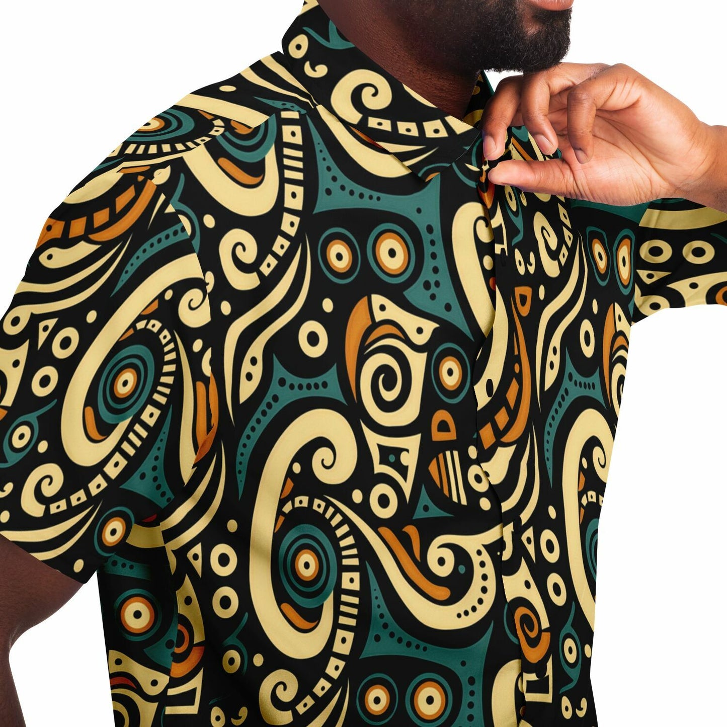 Afrocentric Art Print Short Sleeve Button Down Shirt, Teal & Burnt Sienna Retro Design