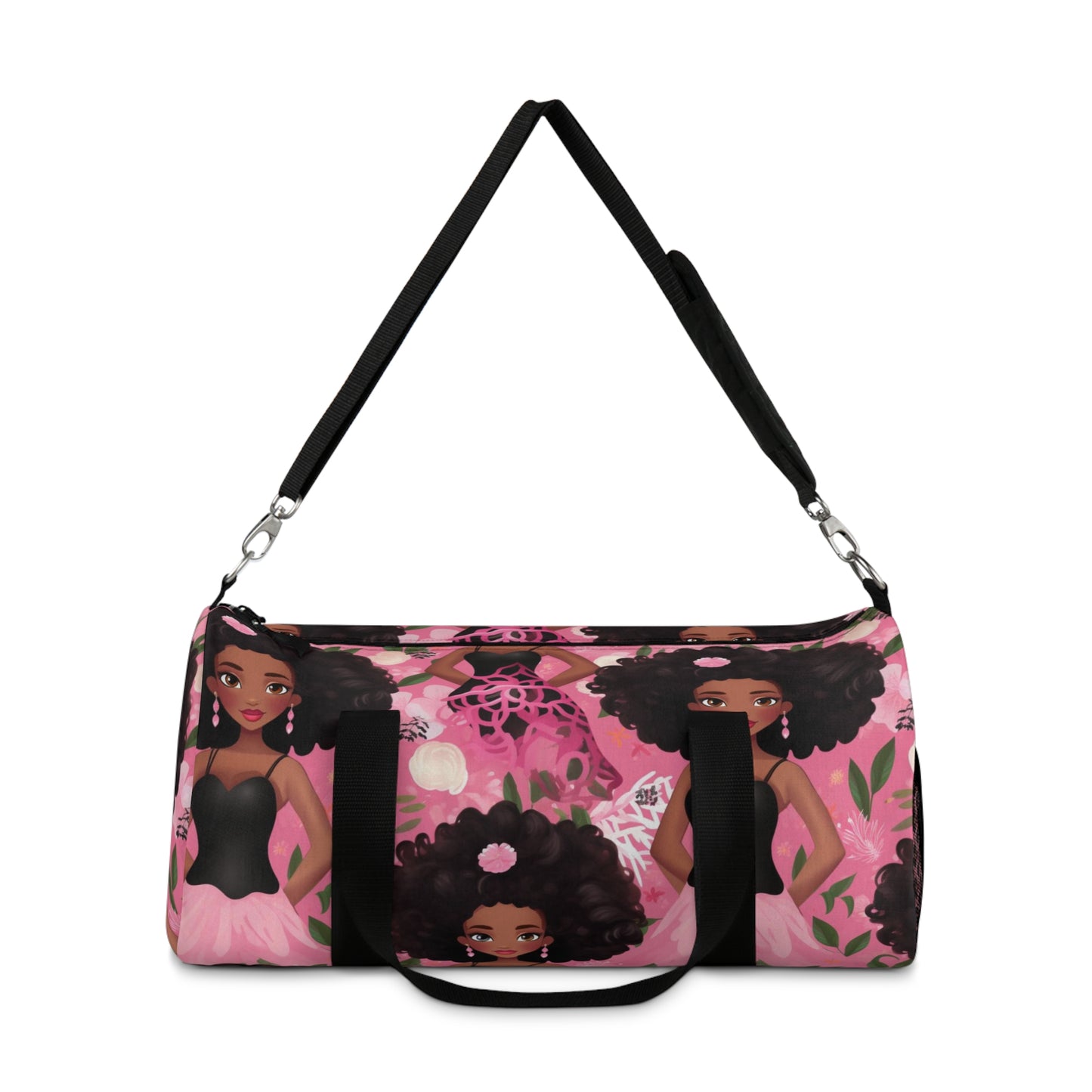 Black Baby Doll Print Duffle Bag, African American Doll Themed Overnight Bag