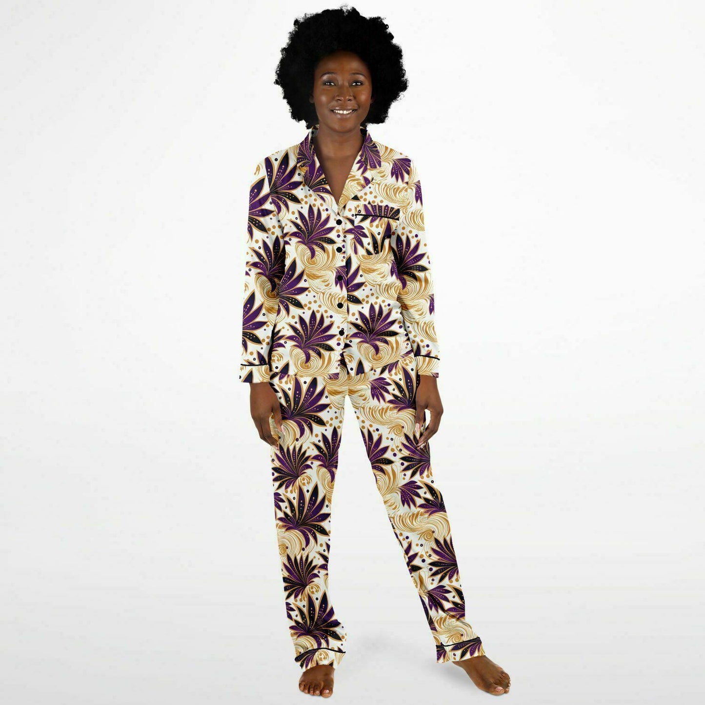 Purple Gold Ankara Wax Print Satin Pajama Set | Plus Size Satin Pajamas