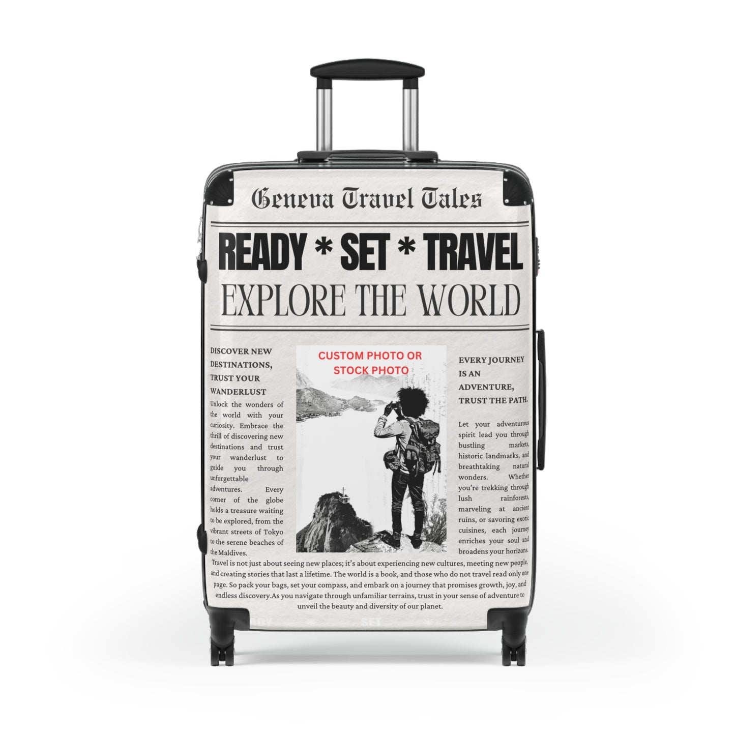 Custom Newspaper Style Suitcase, Black & White Travel Luggage, Unique Gift for Travel Enthusiasts, Personalized Travel Gear