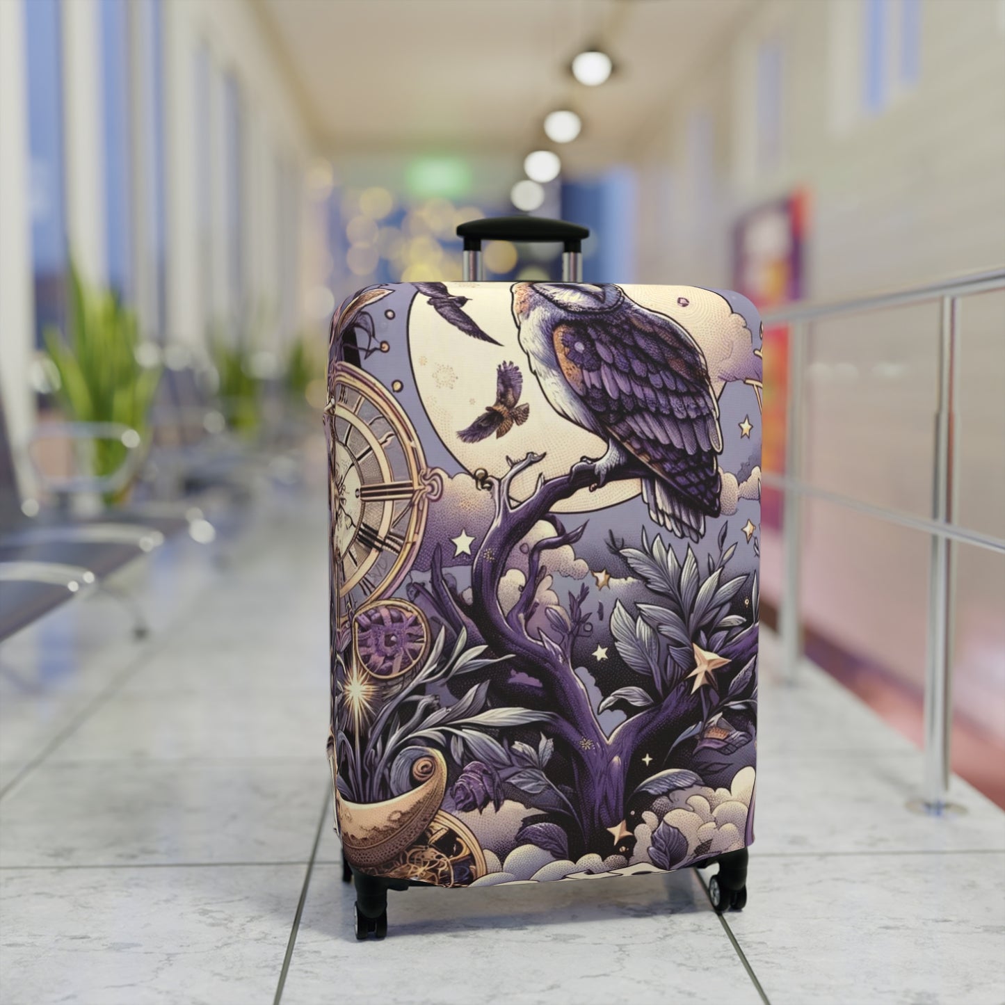 Enchanted Owl and Celestial Bodies Suitcase Cover, Magical Themed Luggage Protector