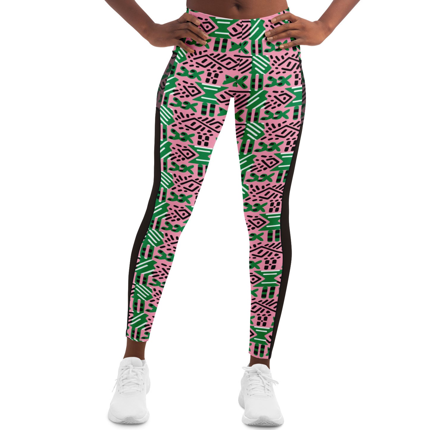 AKA Pink & Green Sorority Inspired African MudCloth Mesh Pocket Leggings, African Print Women's Athletic Wear