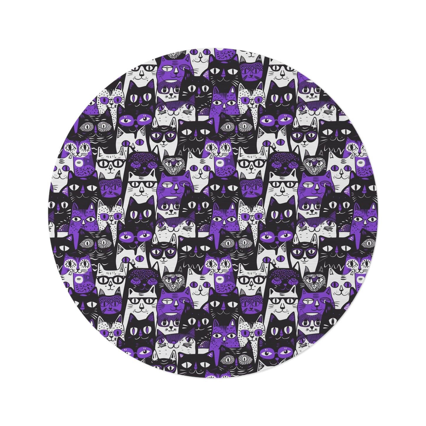 Purple Whimsical Cat Faces Round Rug, 60" Chenille Decorative Rug, Whimsical Cat Themed Home Decor