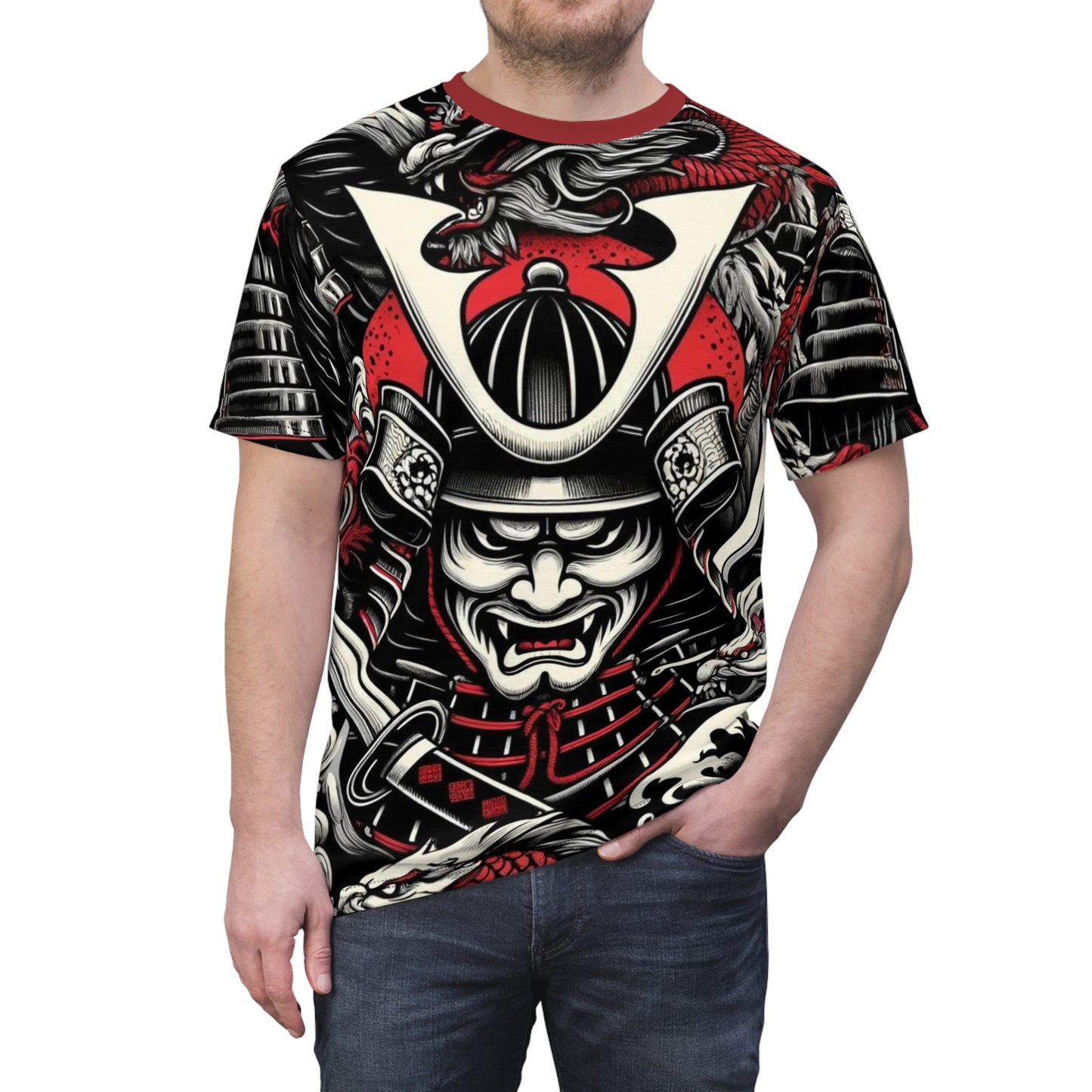 Mens Black, Red Japanese Art Samurai Warrior Print T-Shirt, Mythical Dragon Design