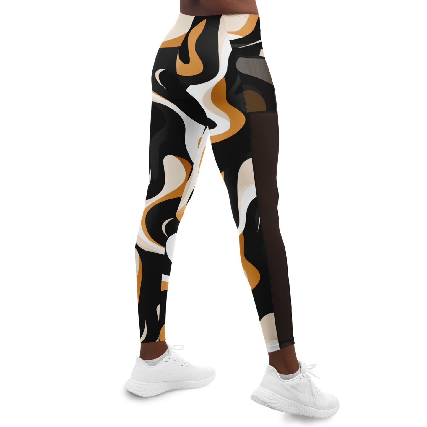 Earth-Tone Womens Yoga Pants, Abstract Black Women's Leggings Bold Lines and Fluid Movements