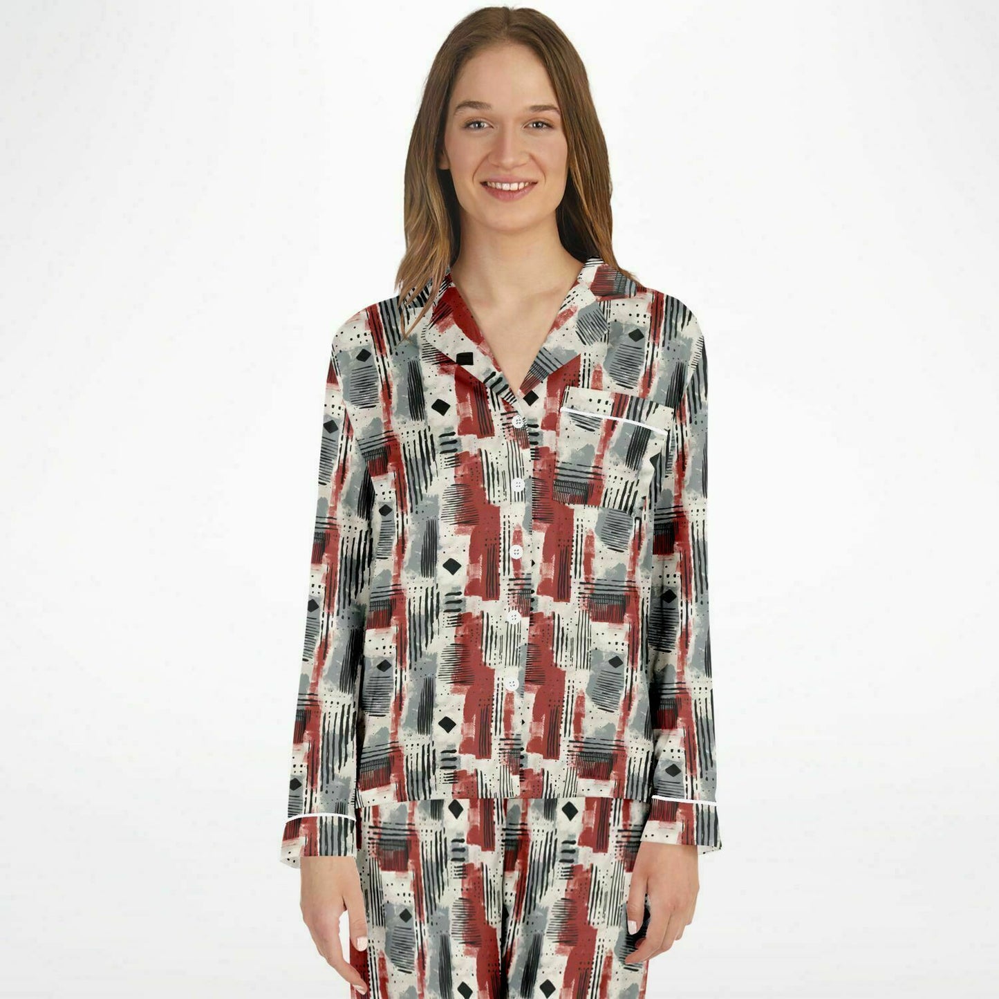 Gray & Deep Red African Mud Cloth Print Satin 2 -Piece Women's Pajama Set,  Plus Size Bogolan Luxury Sleepwear