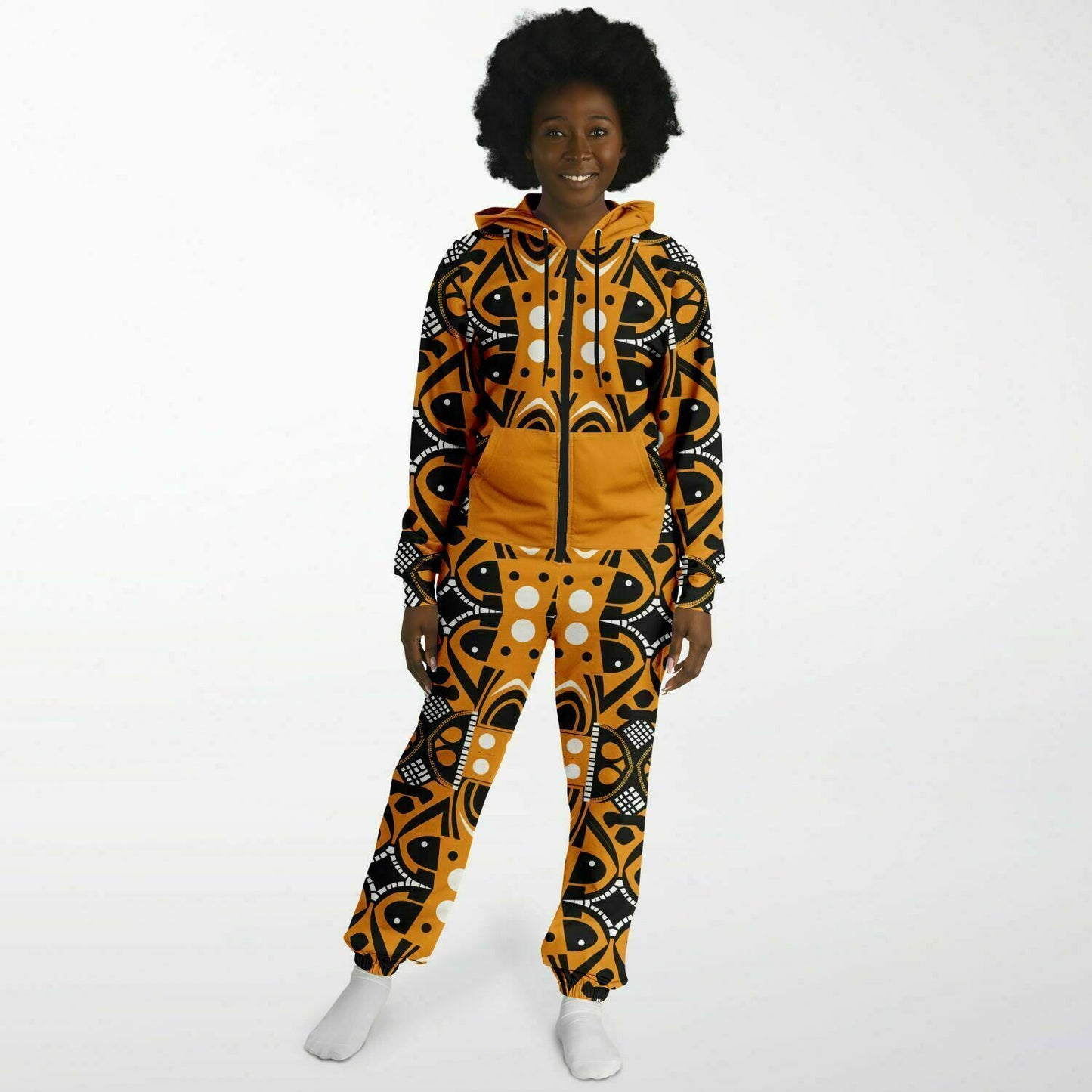 African Print Totem & Columns Cozy Jumpsuit , Yellow and Black Pattern Inspired by Traditional Arts