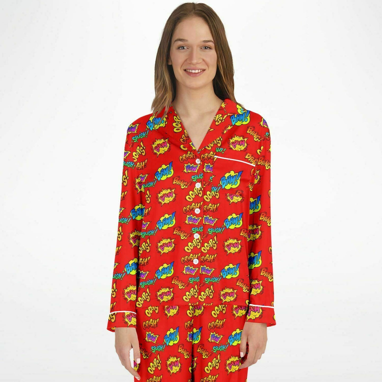 Women's Superhero Explosion Satin Pajama Set, Superhero Themed Loungewear