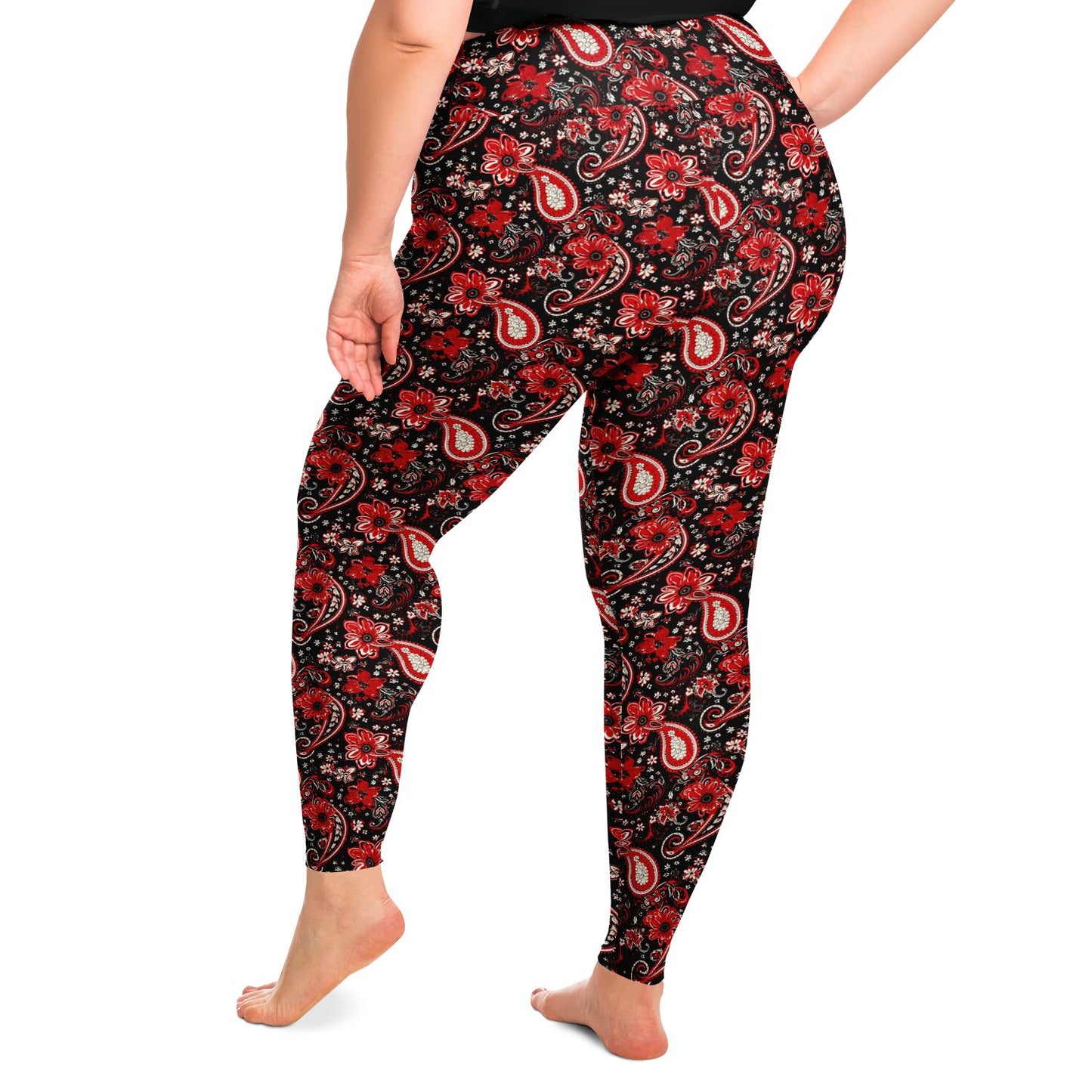 Red & Black Paisley Print Plus Size 2XL - 6XL Leggings, Red Bandana Print Curvy Yoga Pants