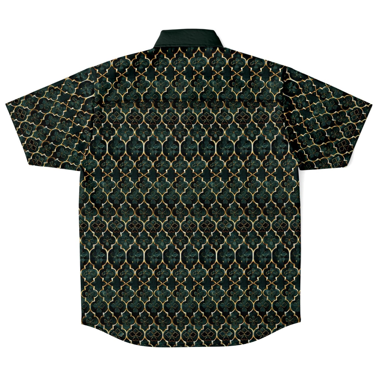 Emerald Elegance: Clover Mosaic Short Sleeve Button Down Shirt, Irish Themed Mens Patterned Dress Shirt