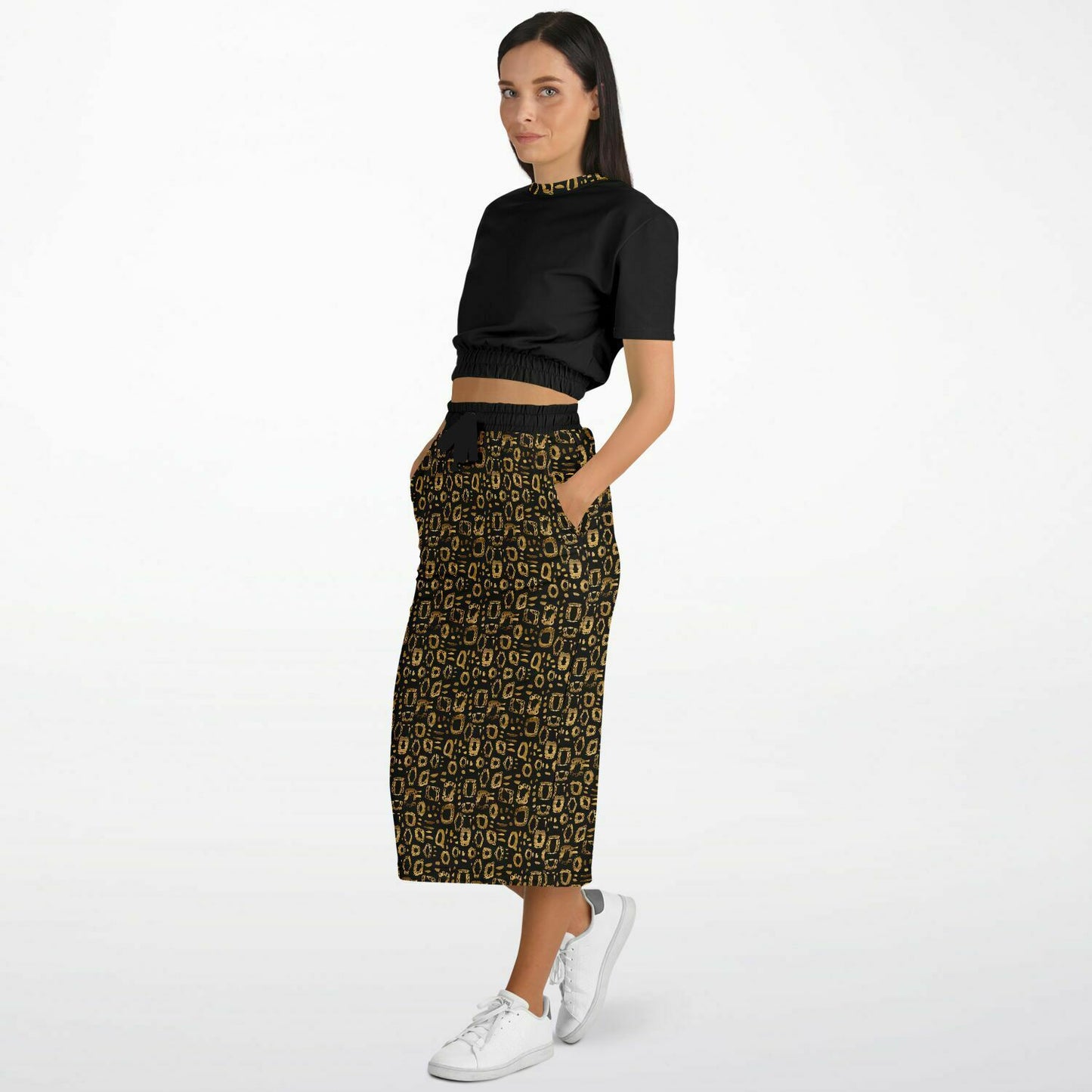 Leopard Print Cropped Sweatshirt and Pocket Skirt Set