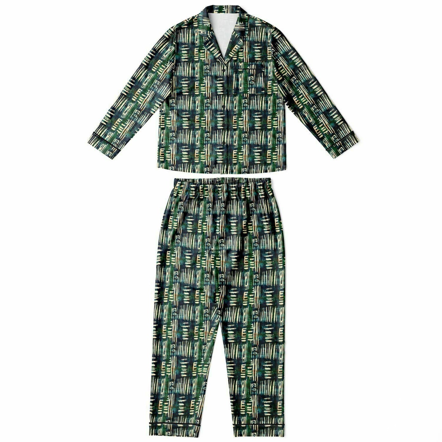 Jungle Safari African Mud Cloth Women's Satin Pajamas, Luxurious Green Mud Cloth Pattern Satin Pajama Set