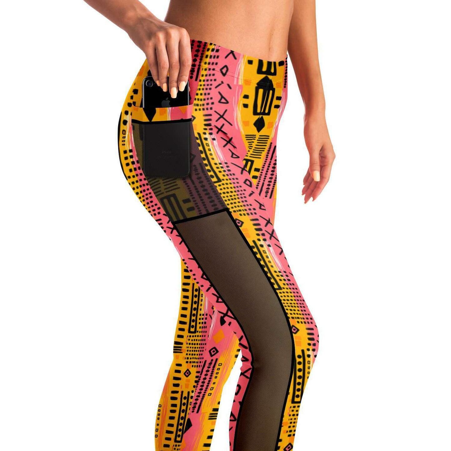 Sunset Sahara Colorful African MudCloth Print Mesh Women's Leggings, African Ankara Print Women's Work Out Wear