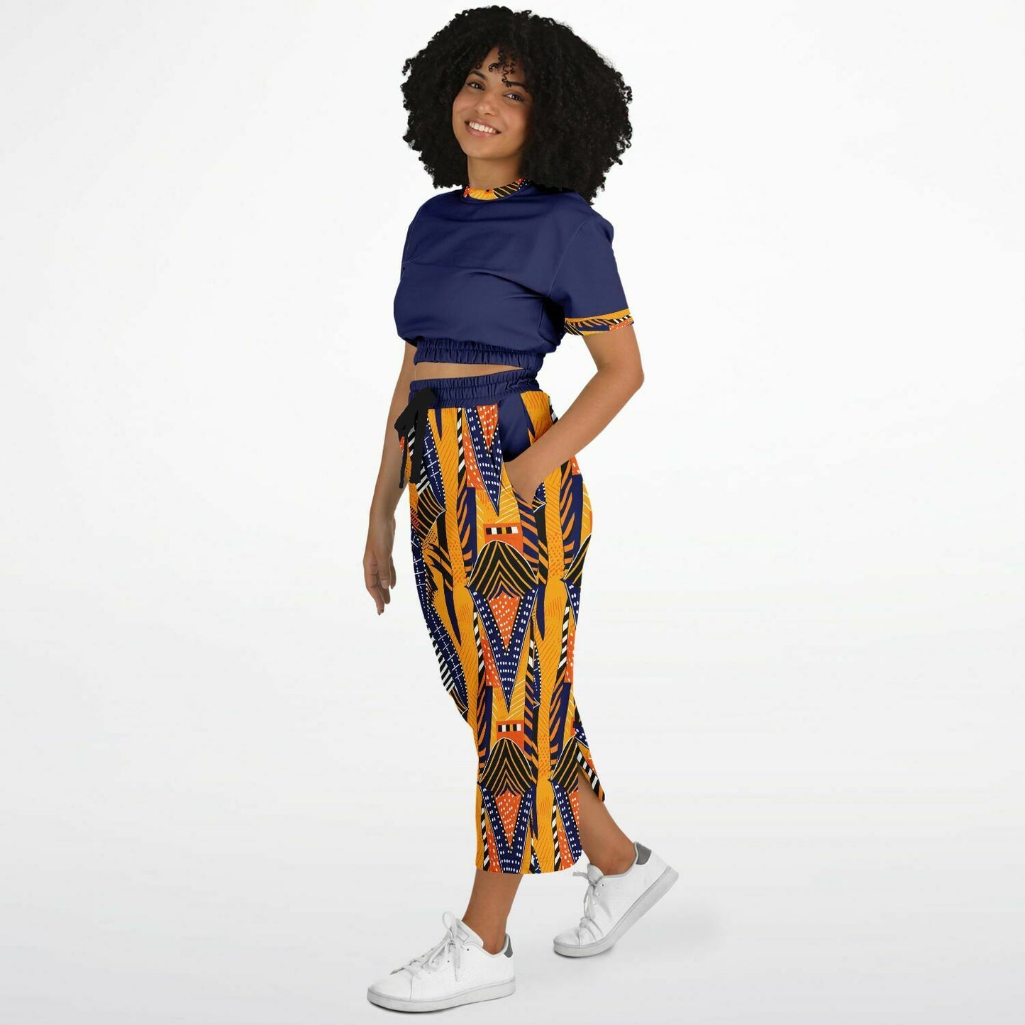 African Print & Midnight Blue Color Block Women's Cropped Sweatshirt and Skirt Set, African Print Fashion For Women