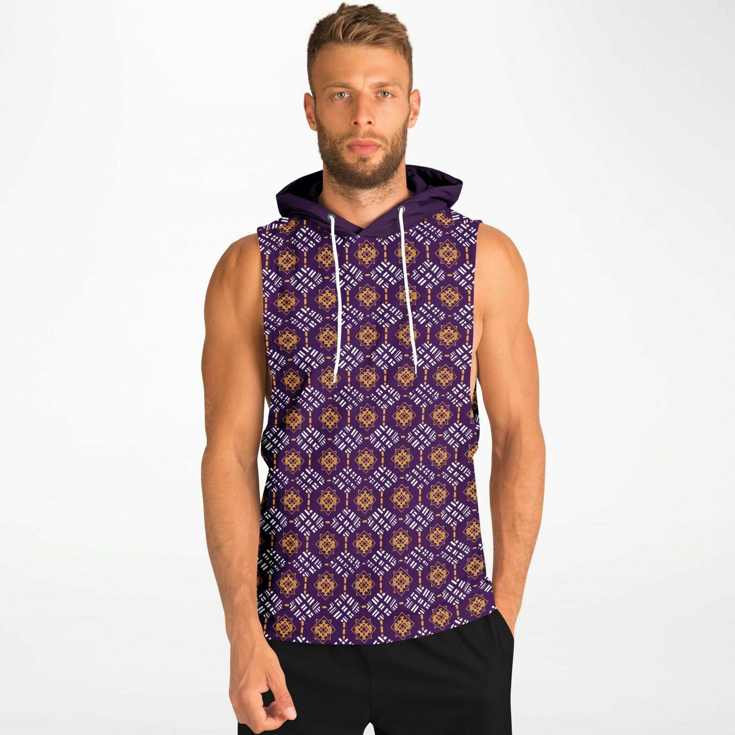 Omega Psi Phi Colors African Print Athletic Drop Armhole Hoodie, Men's Purple & Gold Athletic Ethnic  Print Workout Pull Over Gear