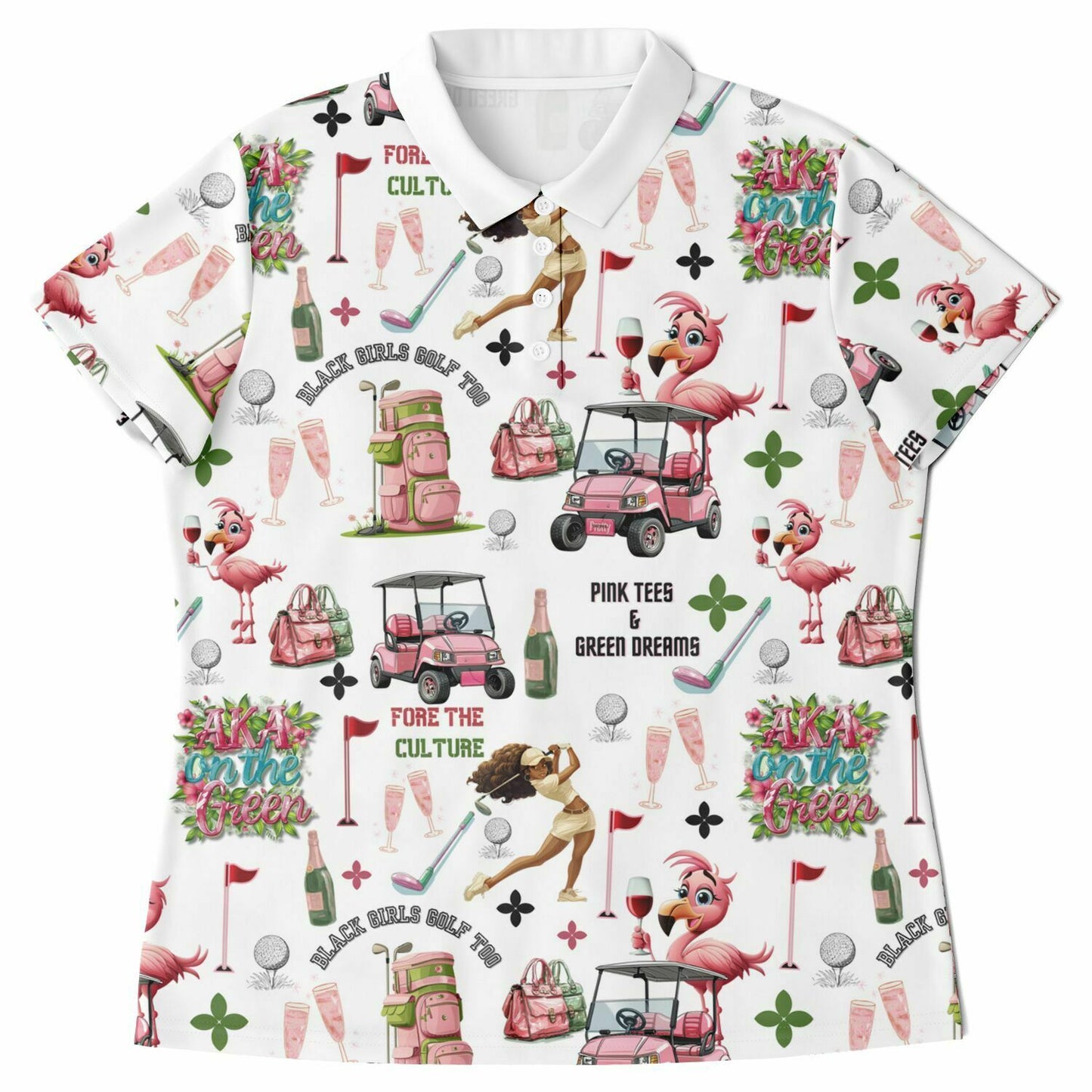 AKA Black Girls Golf Too Pattern Polo, Pink & Green Pretty Girl Golfing Shirt