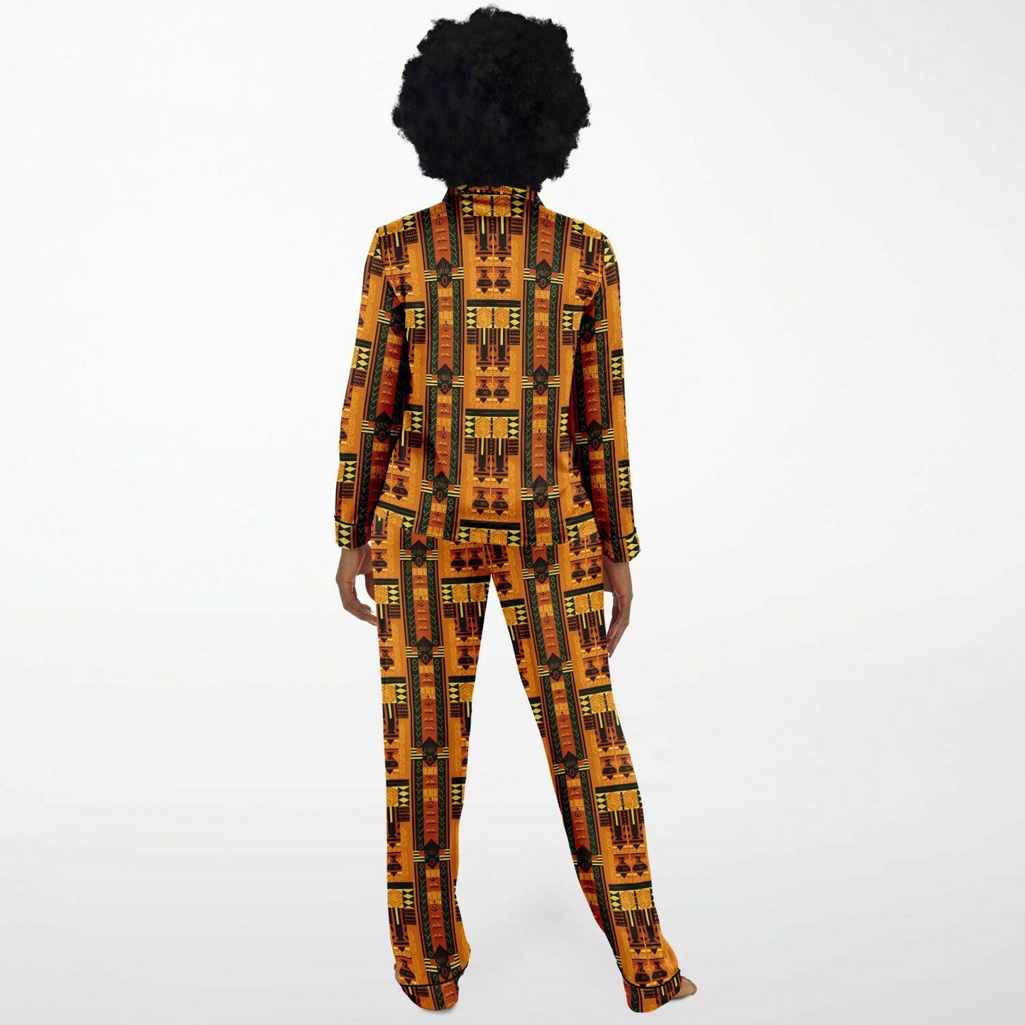 Golden Brown Afrofuturism African Print Women's Satin Pajama Set, Plus Size Luxury Nightwear