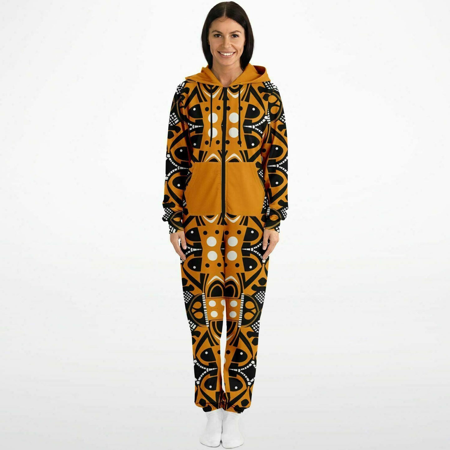 African Print Totem & Columns Cozy Jumpsuit , Yellow and Black Pattern Inspired by Traditional Arts