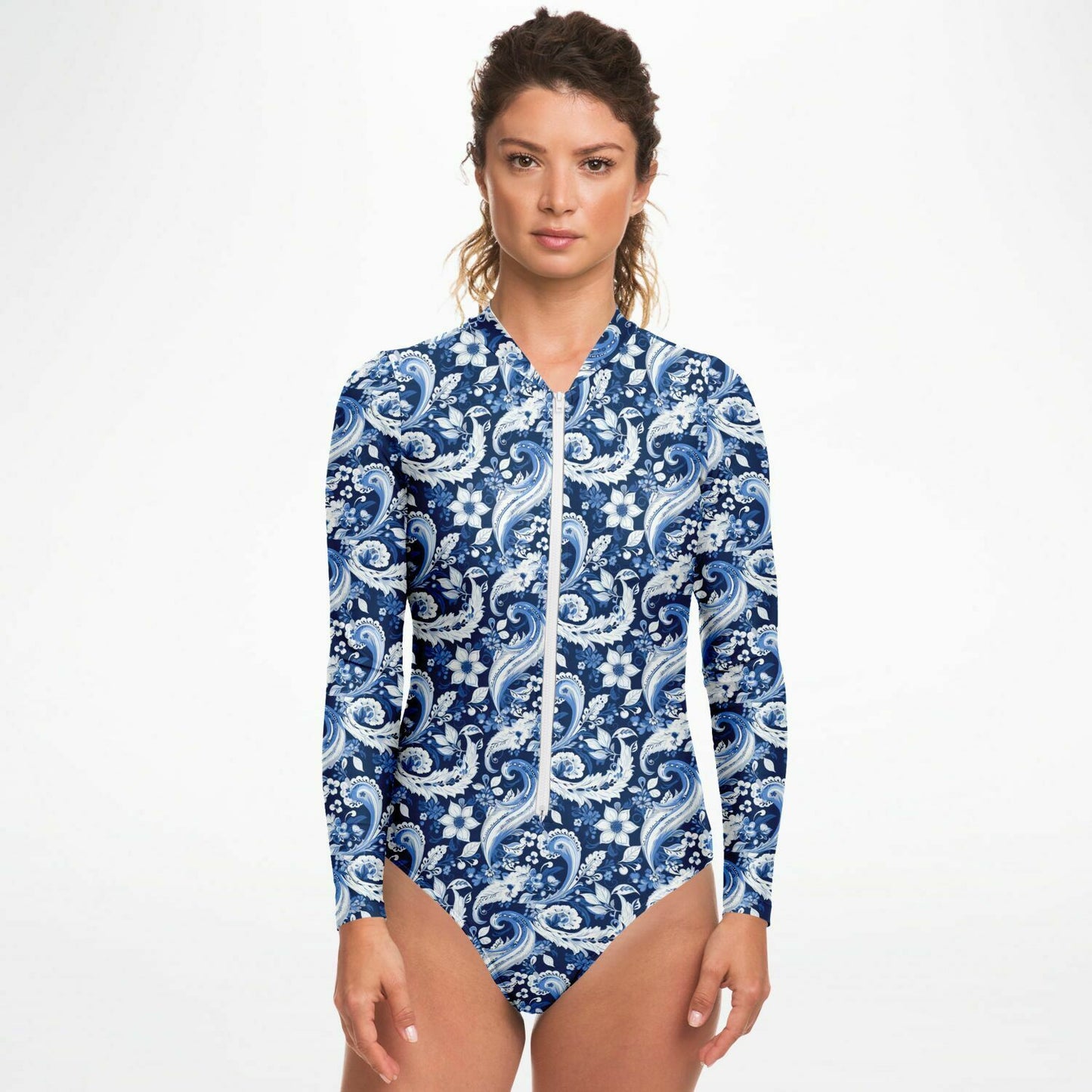 Blue & White Paisley Print Long Sleeve Bodysuit | Trendy UV protection Clothing | Paisley Print Women's Fashion | Bandana Print Bodysuit