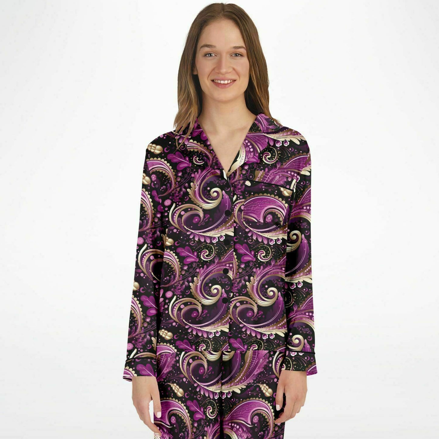 Purple Pink & Gold Paisley Print Women's Satin Pajamas, Boho Chic Purple Women's Pajama Set