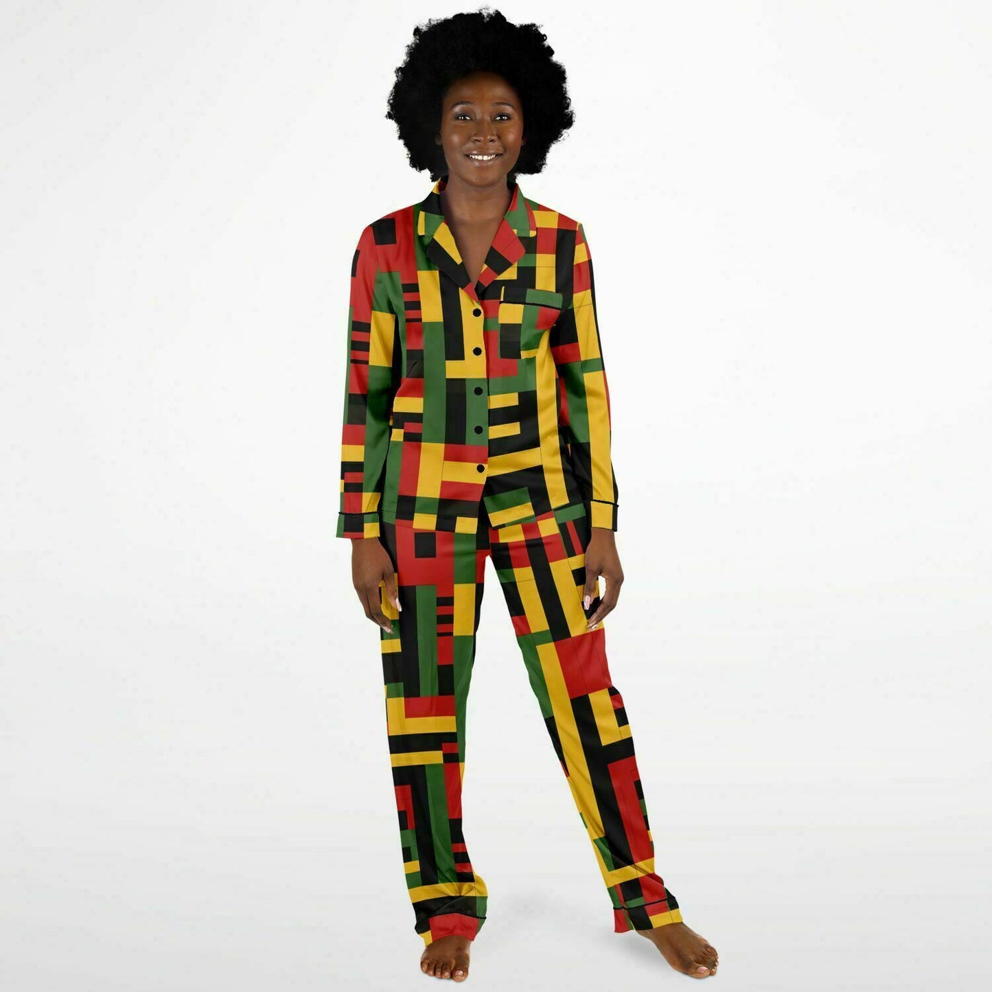 Women's African Kente Cloth Print Satin Pajama Set - Luxurious & Comfortable Nightwear