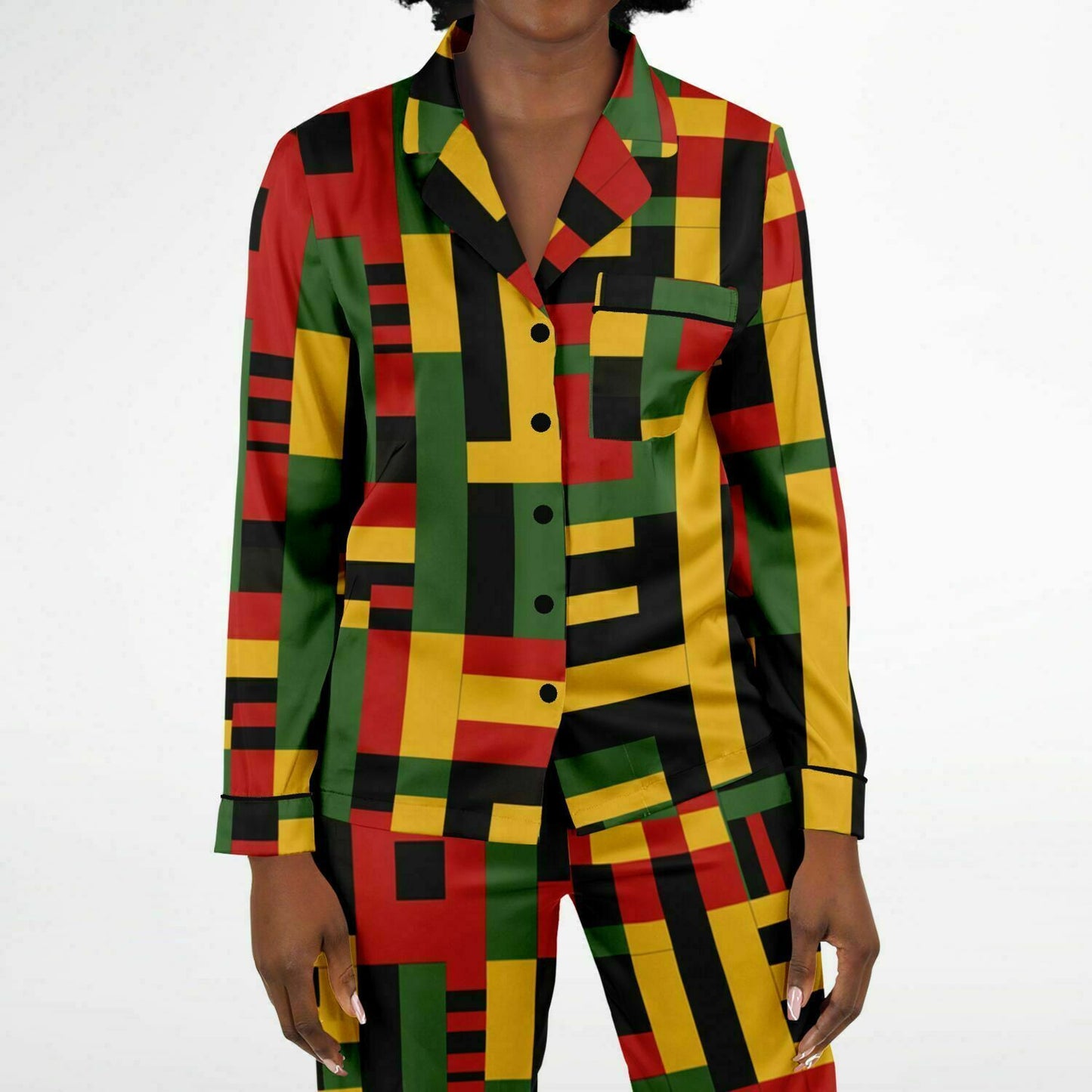 Women's African Kente Cloth Print Satin Pajama Set - Luxurious & Comfortable Nightwear