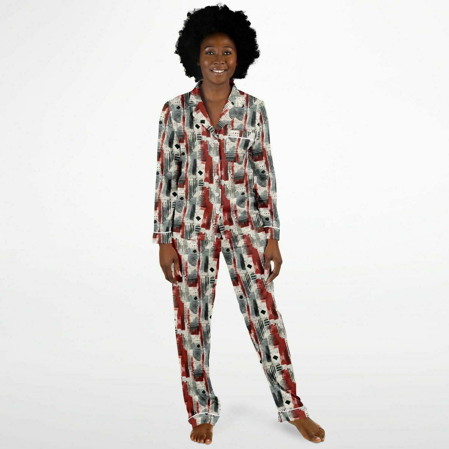 Gray & Deep Red African Mud Cloth Print Satin 2 -Piece Women's Pajama Set,  Plus Size Bogolan Luxury Sleepwear